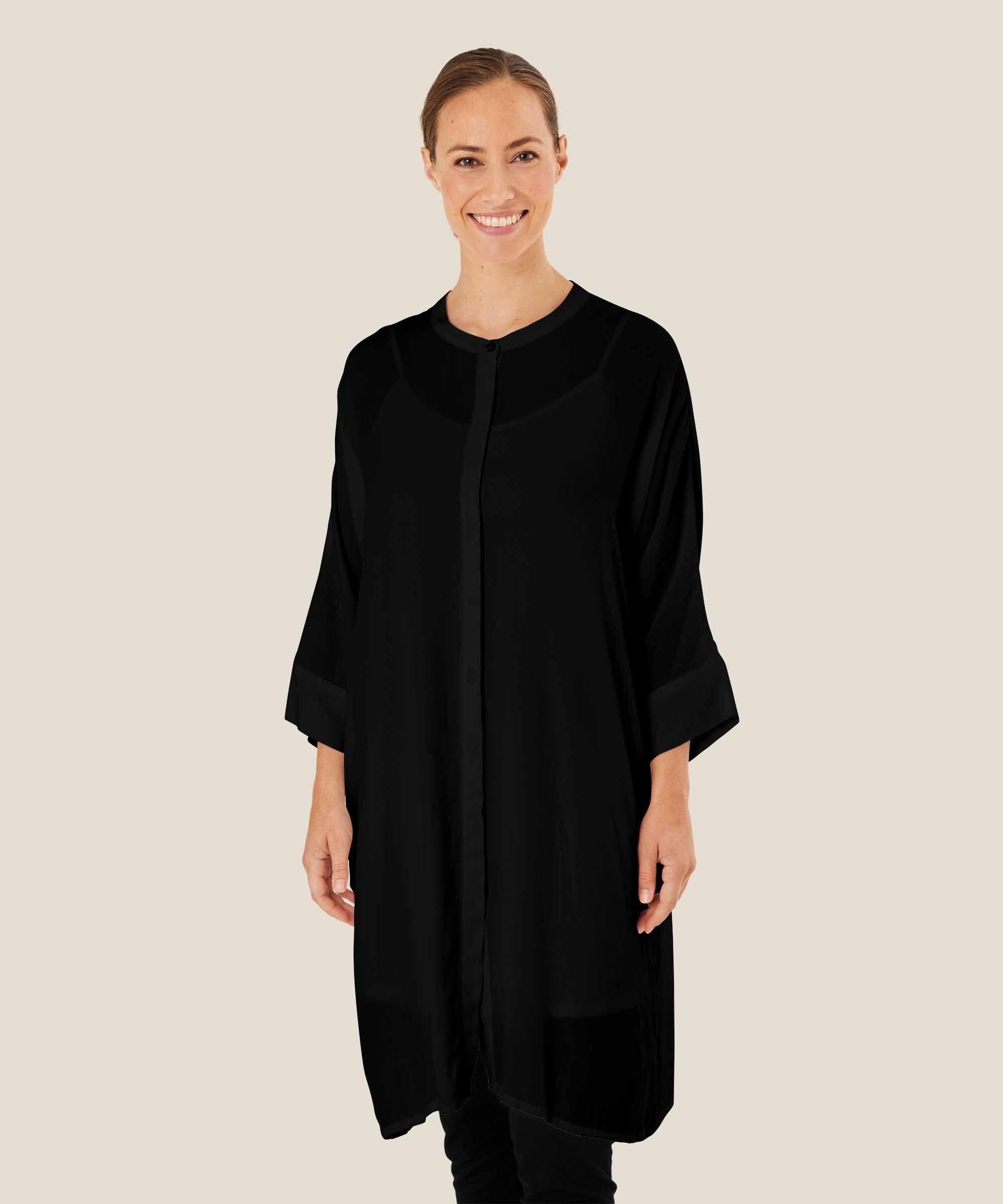 Robe Chemise En Viscose À Manches Trois-quarts, Black
