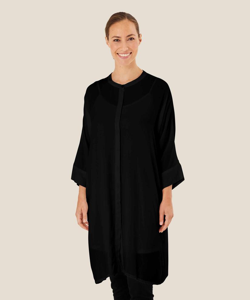 Robe Chemise En Viscose À Manches Trois-quarts, Black