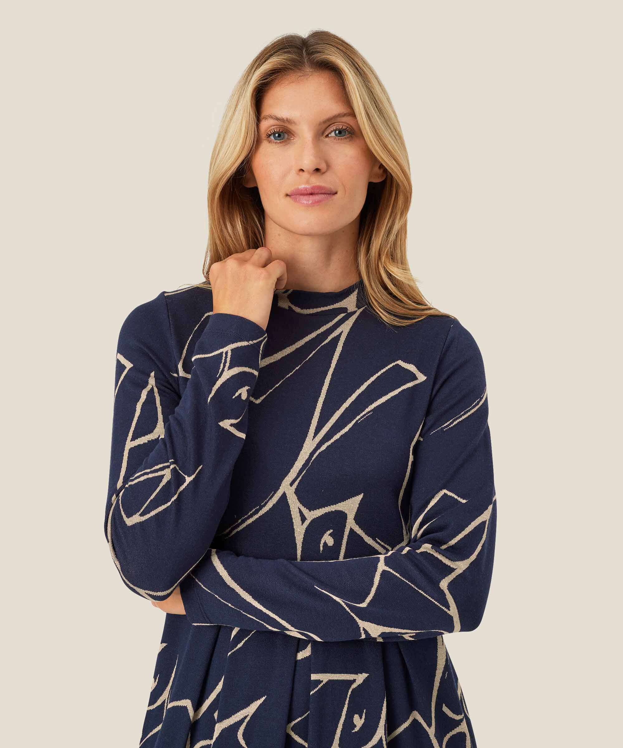 robe tulipe longue imprimée avec poches fendues, Navy Blazer