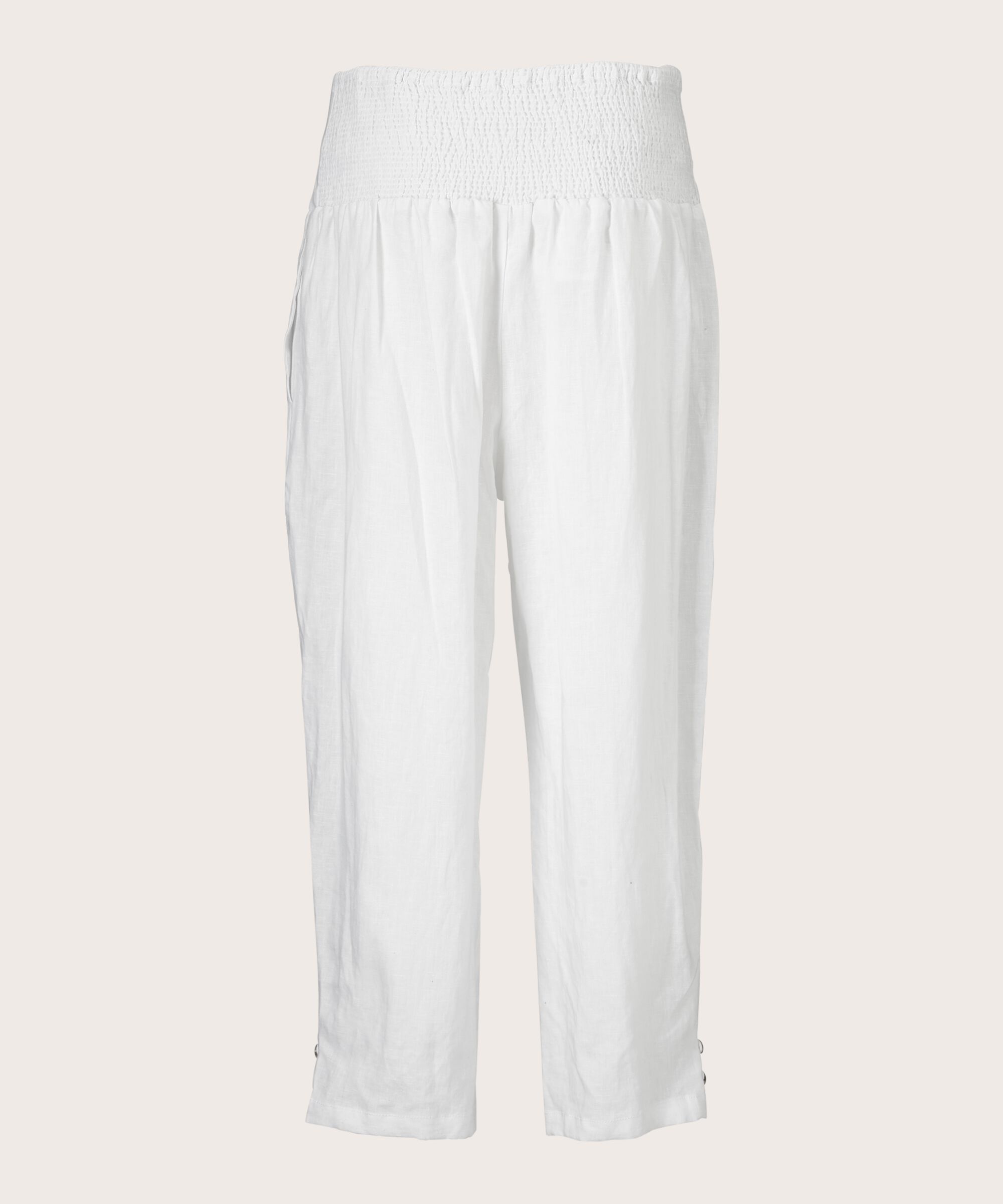 pantalon en lin avec large élastique smocké au dos, White