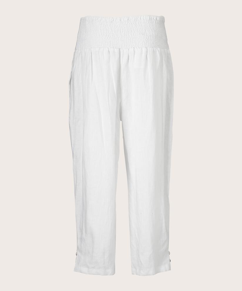 pantalon en lin avec large élastique smocké au dos, White
