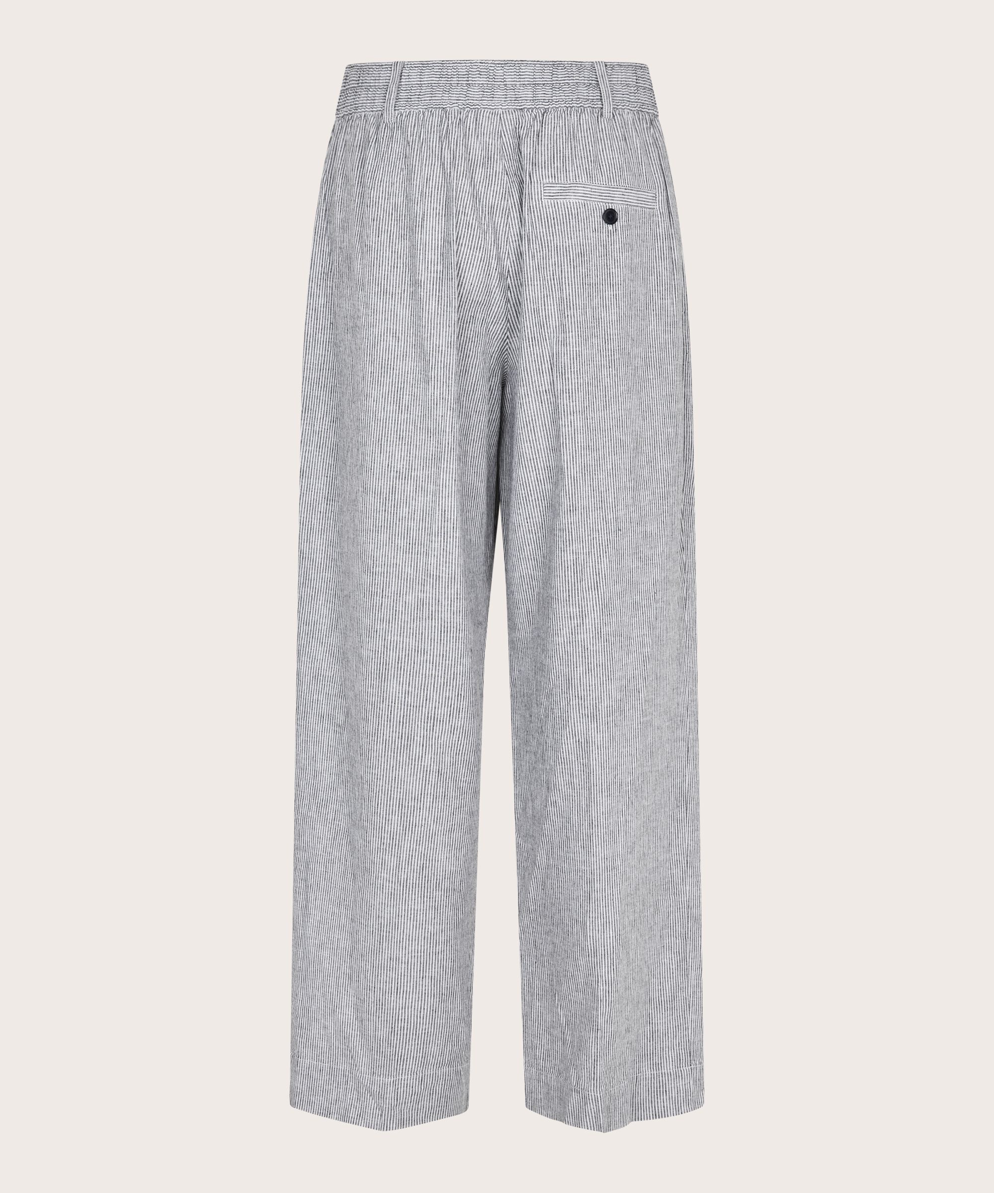 pantalon rayé en mélange de lin avec élastique au dos, Black