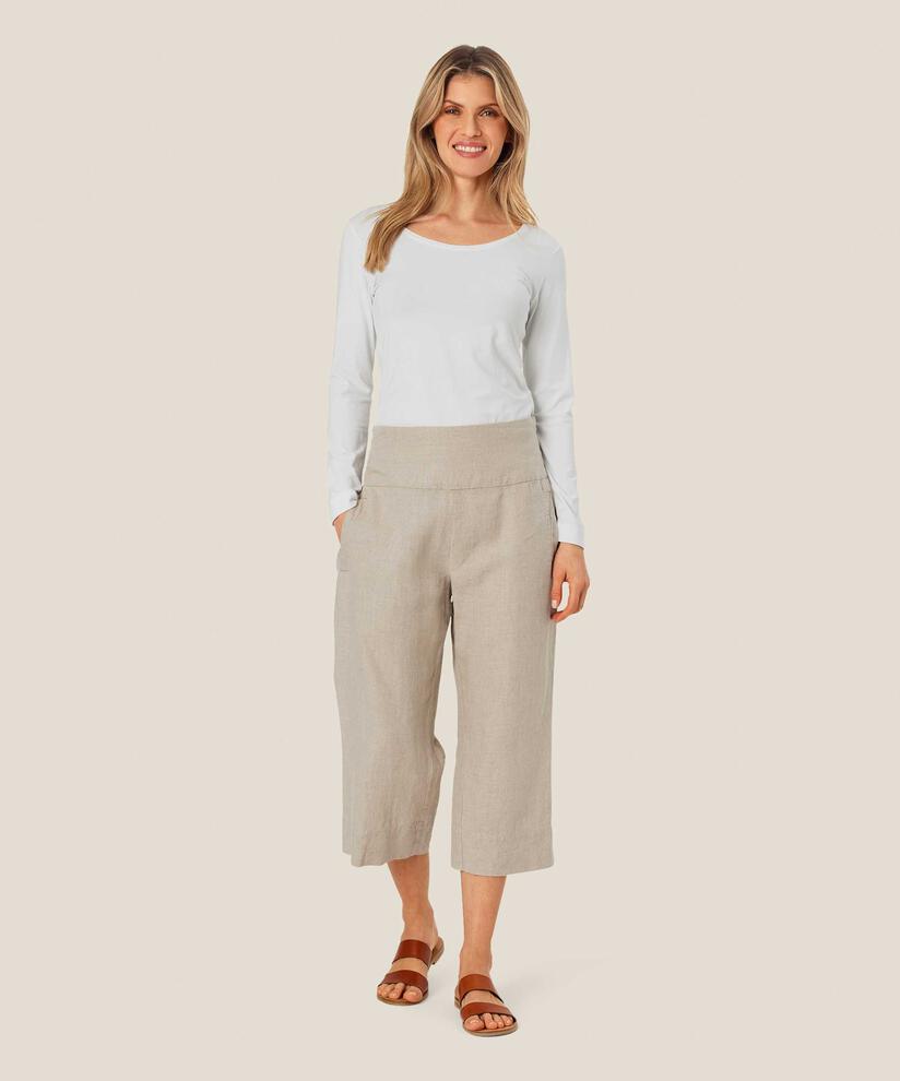 pantalon droit en lin avec smocké au dos, Natural