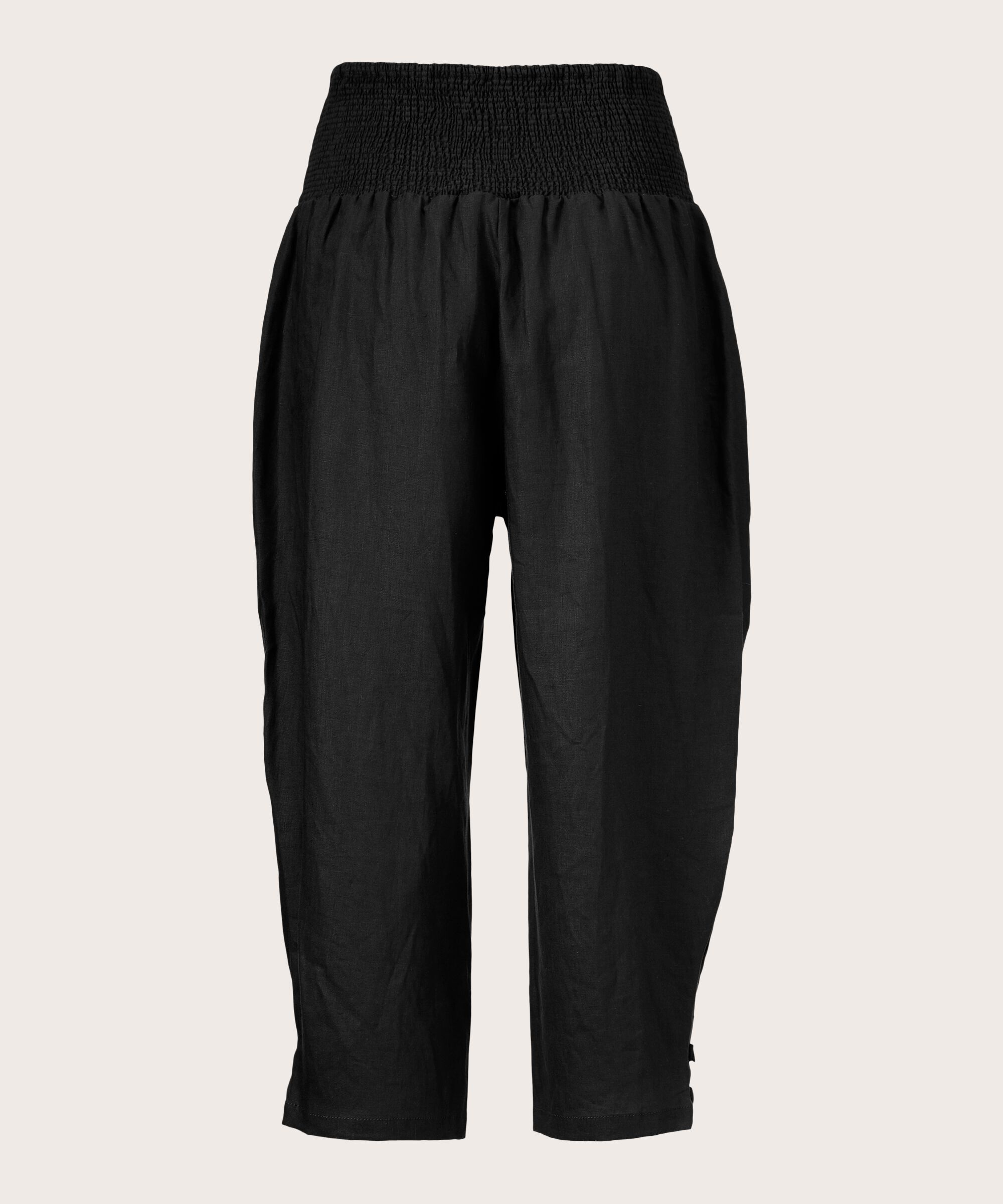 pantalon en lin avec large élastique smocké au dos, Black