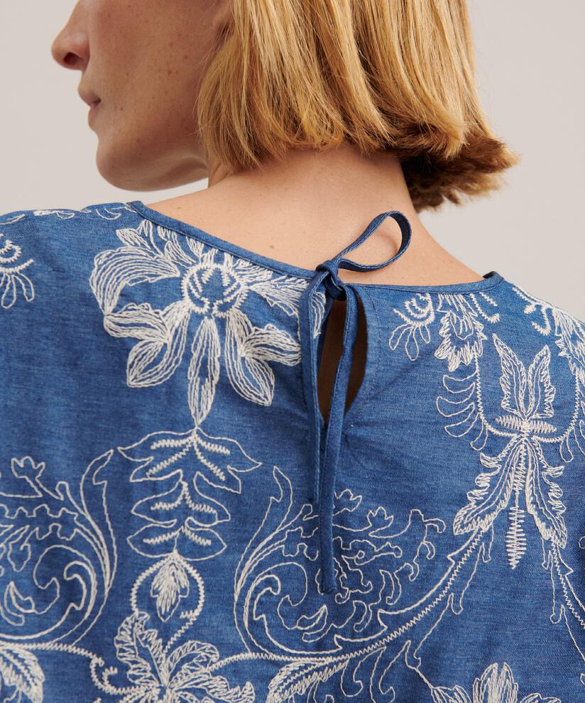 Blouse en jean avec broderie florale, Blue Denim