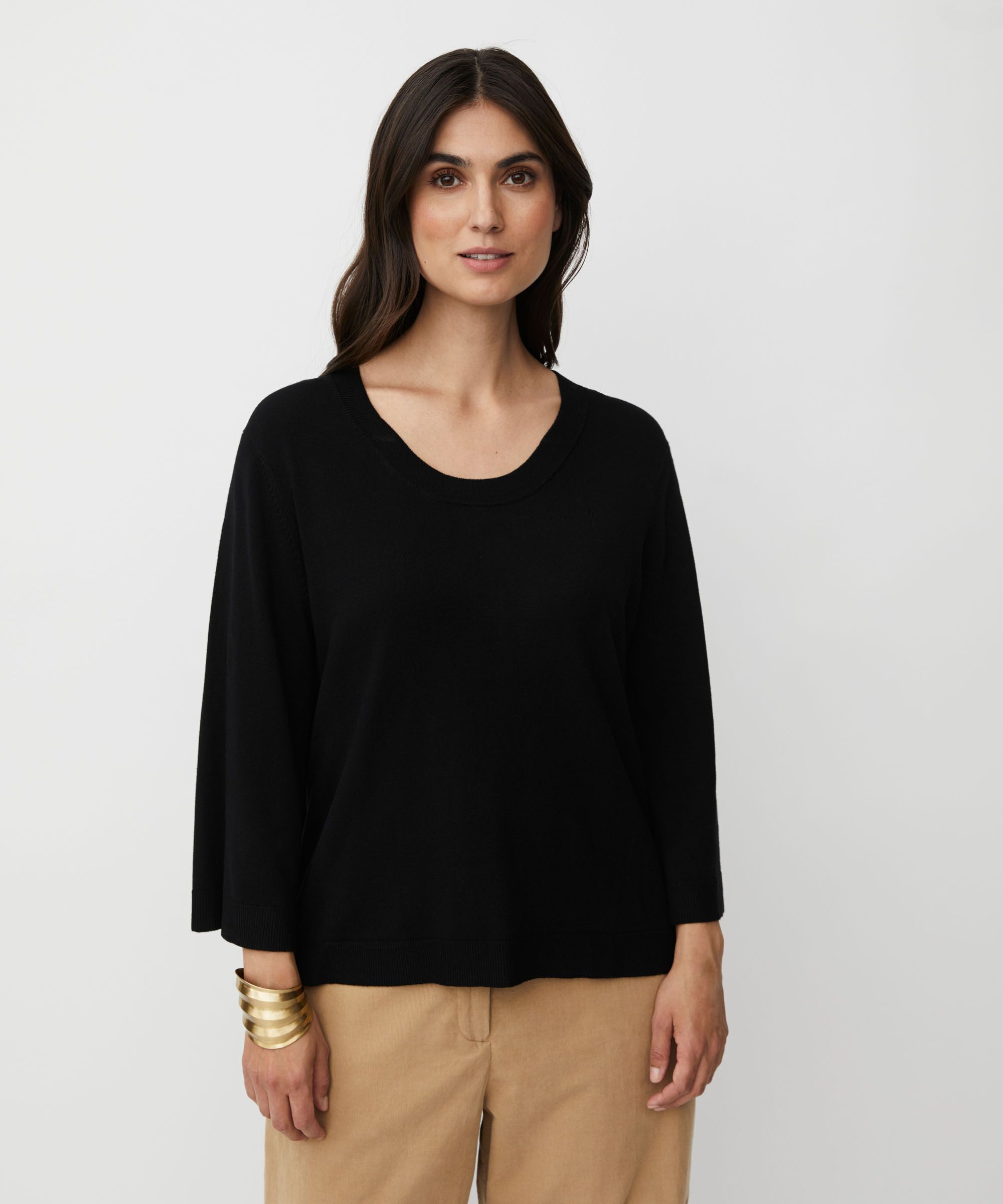 pull tricoté à manches larges et col rond profond, Black