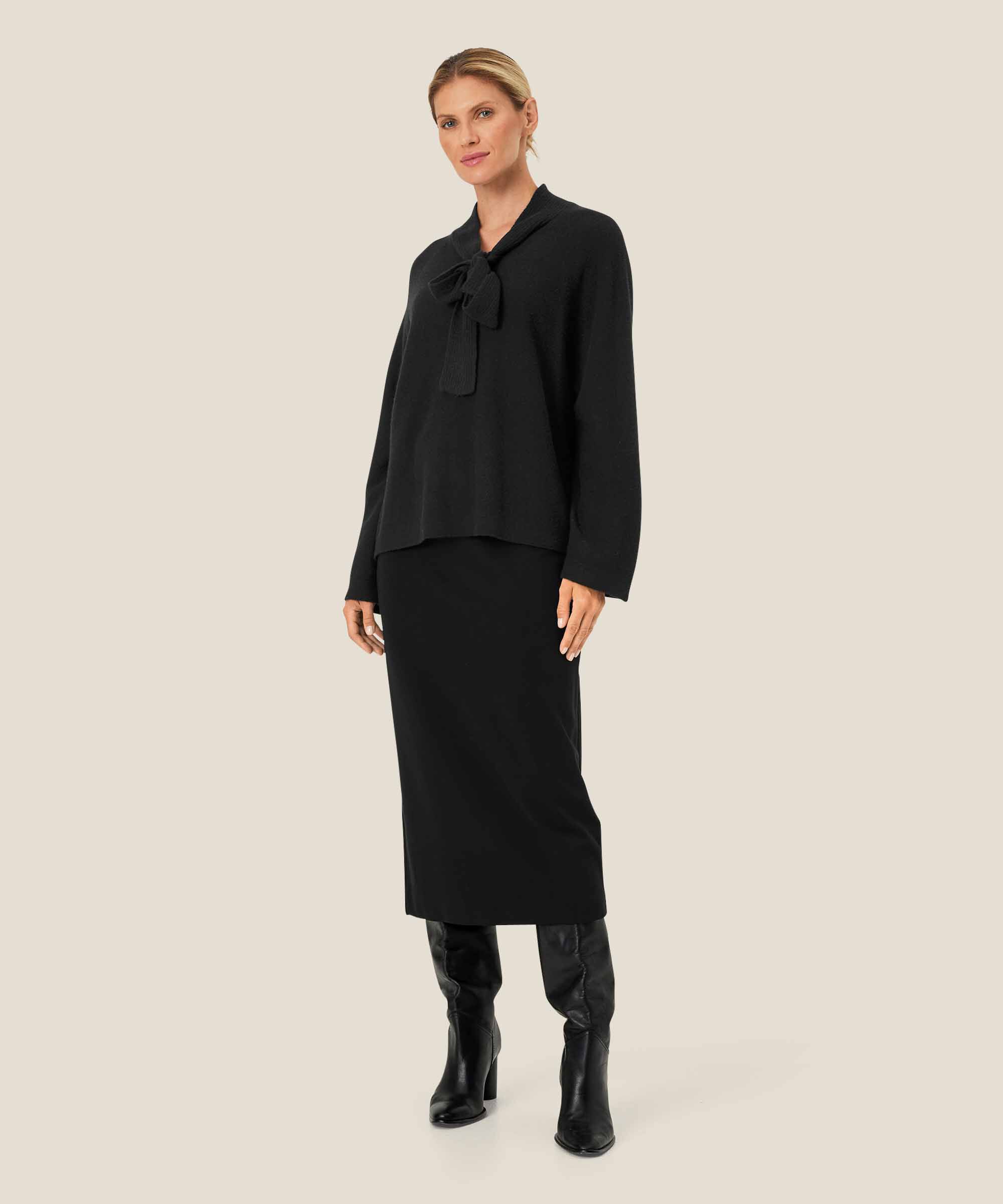 blouse en maille de laine avec liens au cou, Black