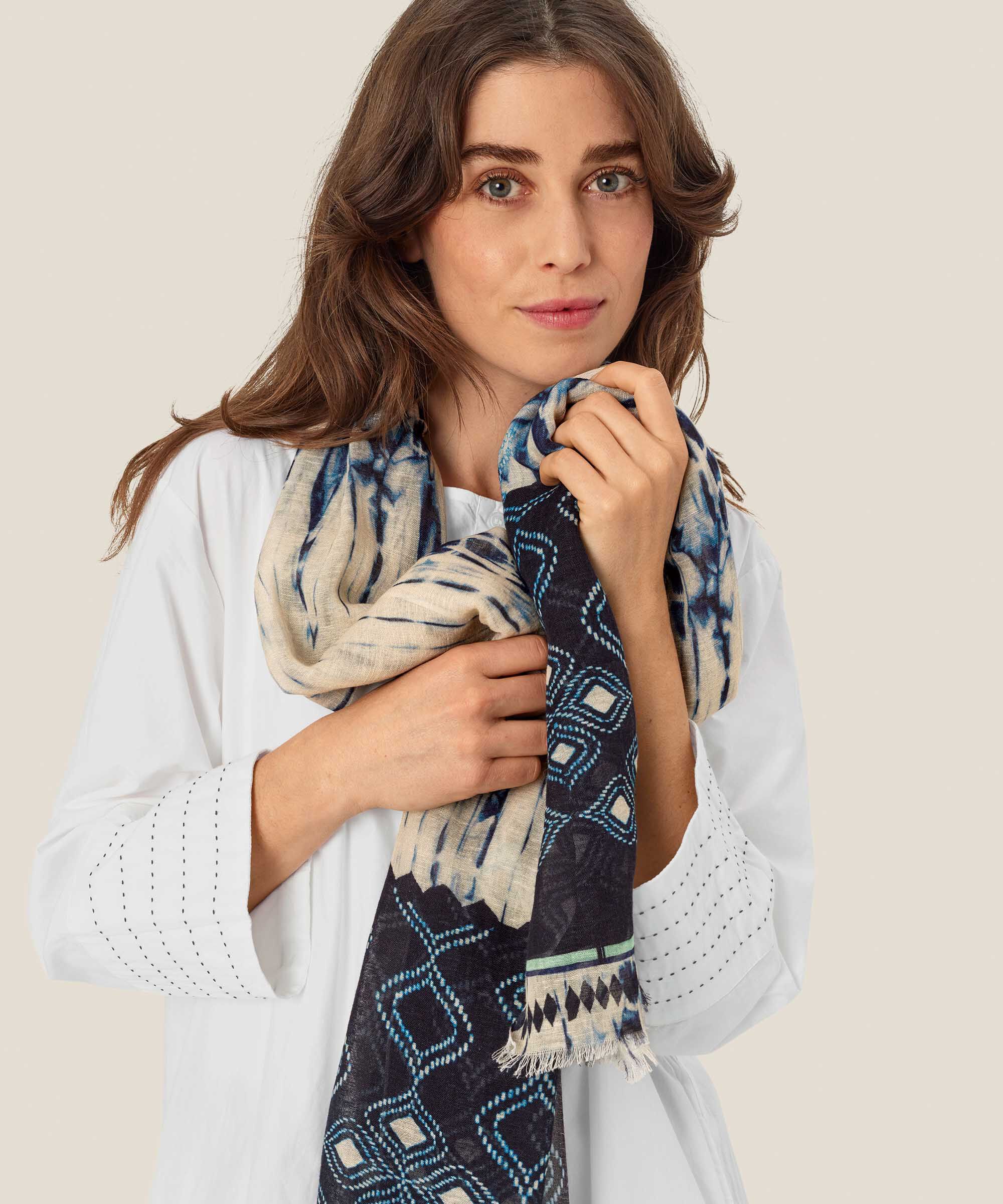 écharpe en mélange de lin à motifs, Mood Indigo