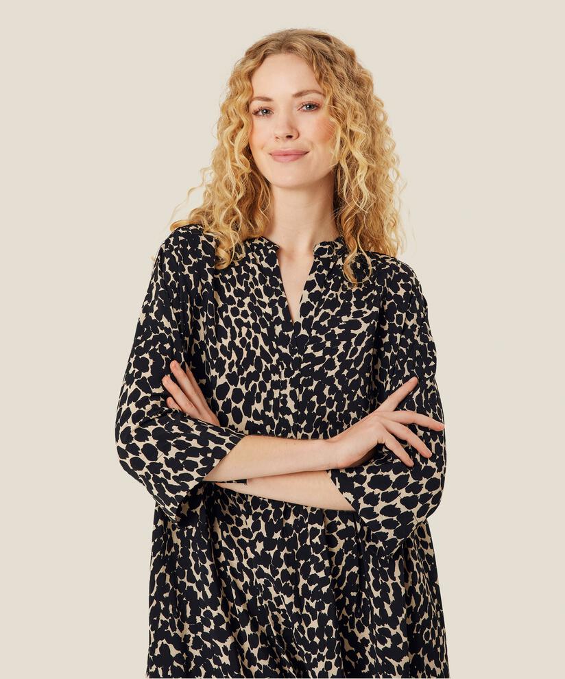 robe en viscose à motif avec fente au col et poches fendues, Black