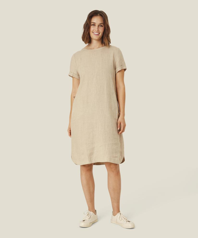 robe à manches courtes en lin avec bouton, Natural