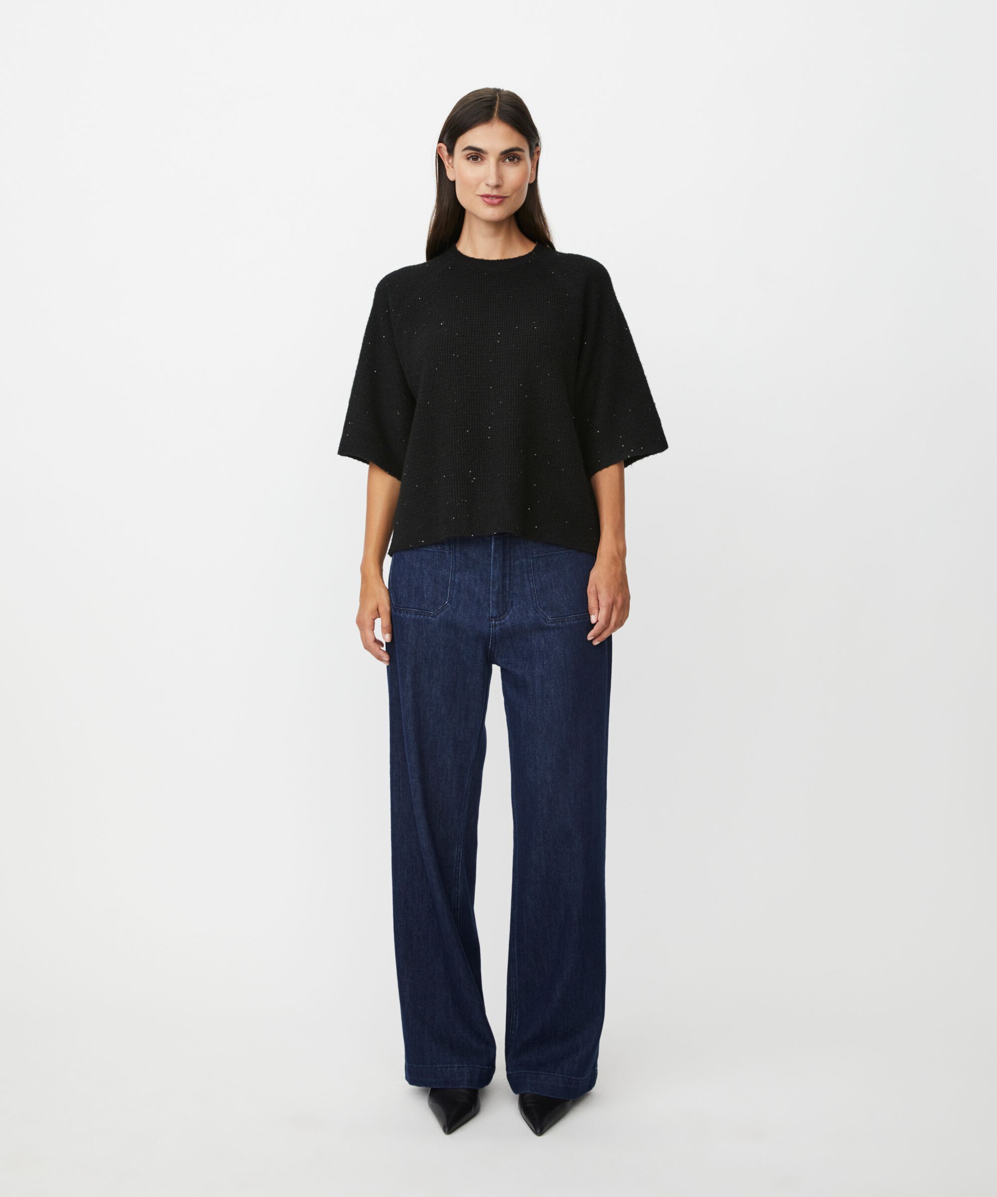 pull à manches courtes en laine mélangée avec paillettes, Black