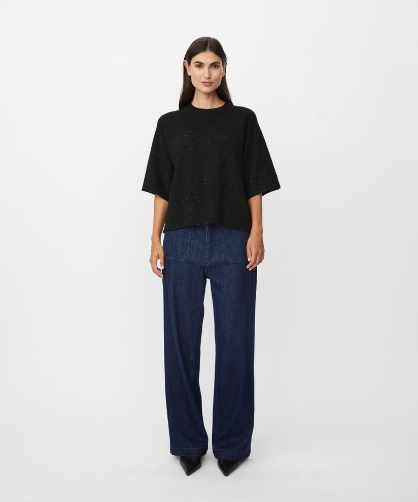 pull à manches courtes en laine mélangée avec paillettes, Black