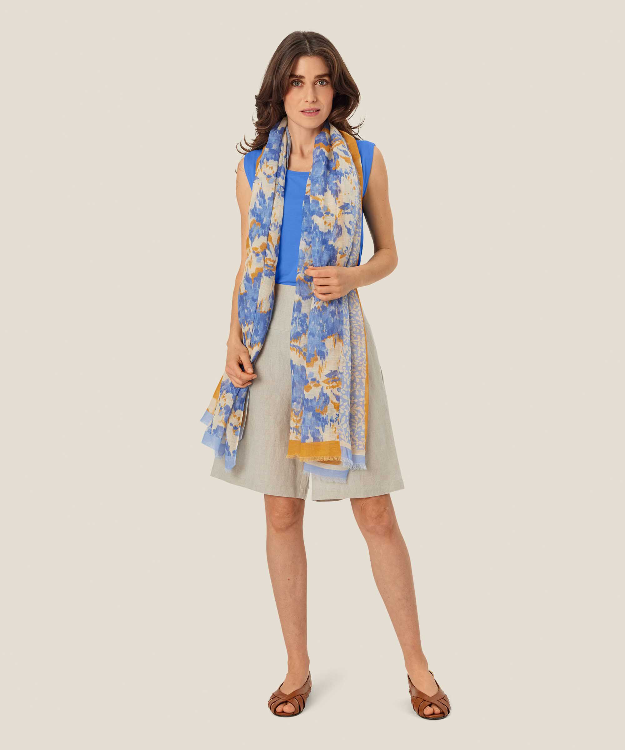 écharpe en mélange de lin à motifs, Nebulas Blue