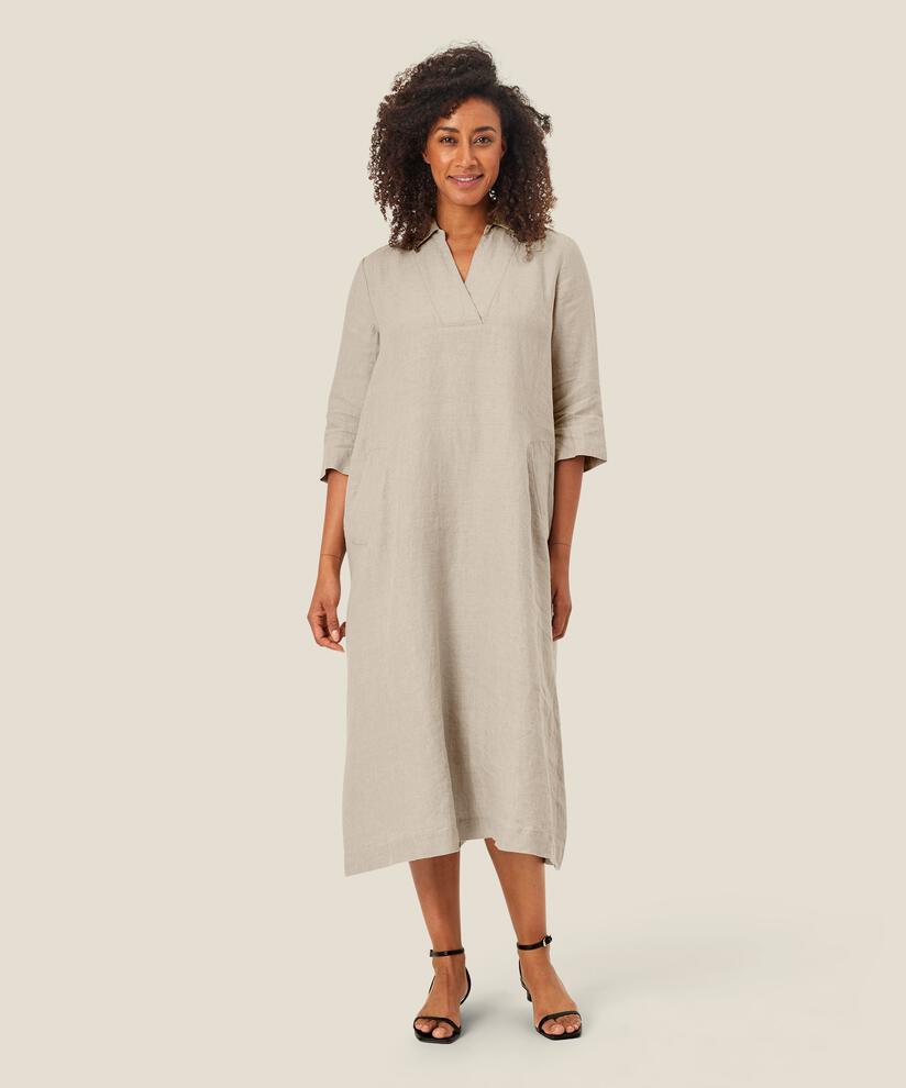 robe en lin avec col en V et poches, Natural