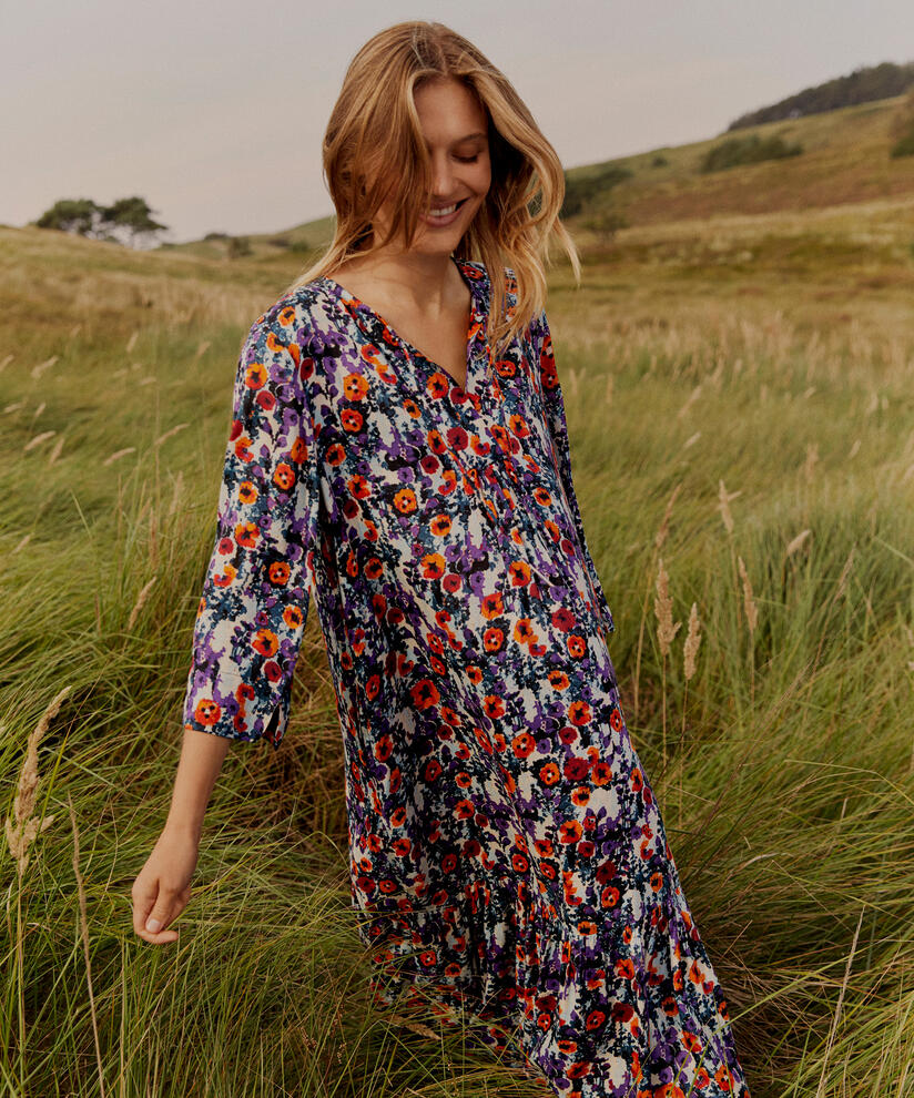 Robe fleurie en viscose avec liens et poches fendues, Meadow Violet