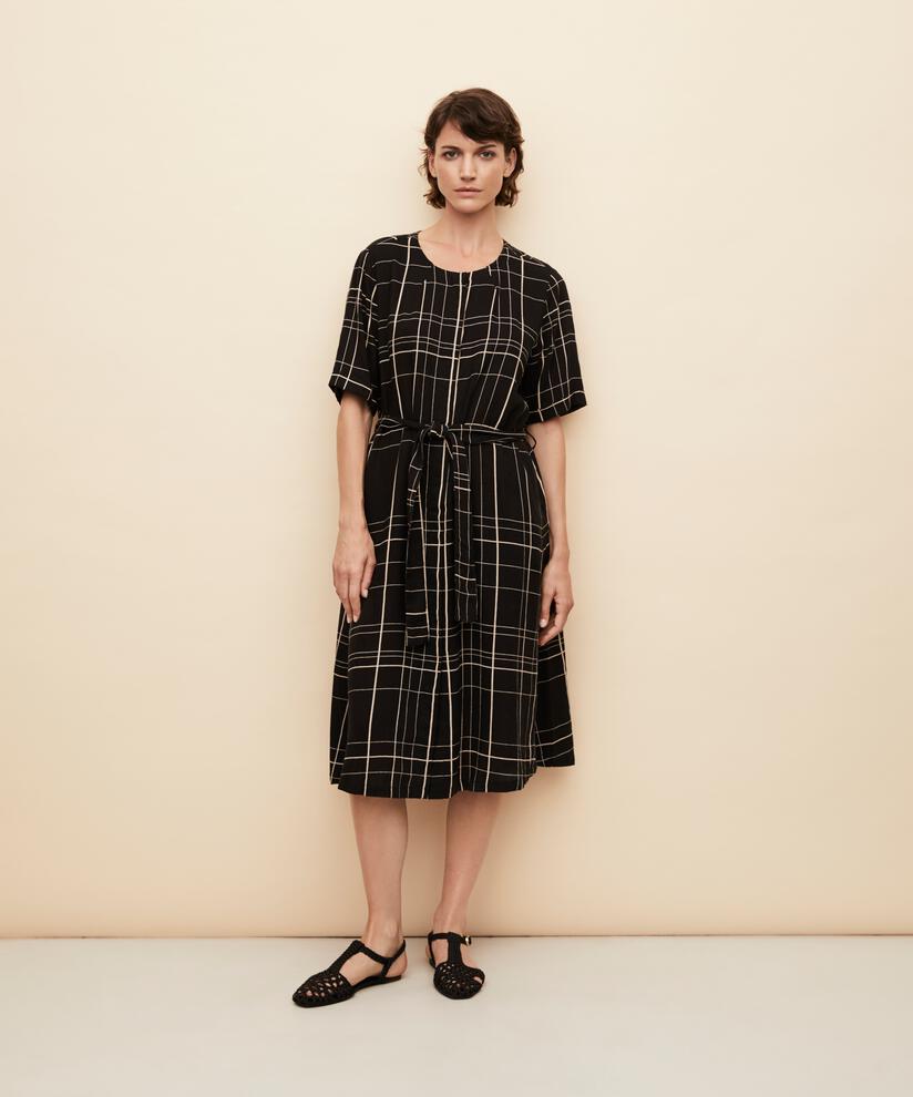 Robe chemise en mélange de lin imprimé, Black