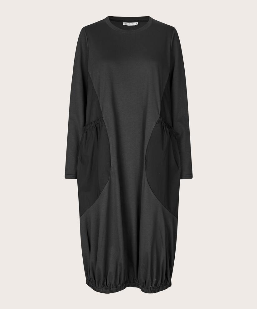 robe à manches longues en jersey et popeline de coton, Black