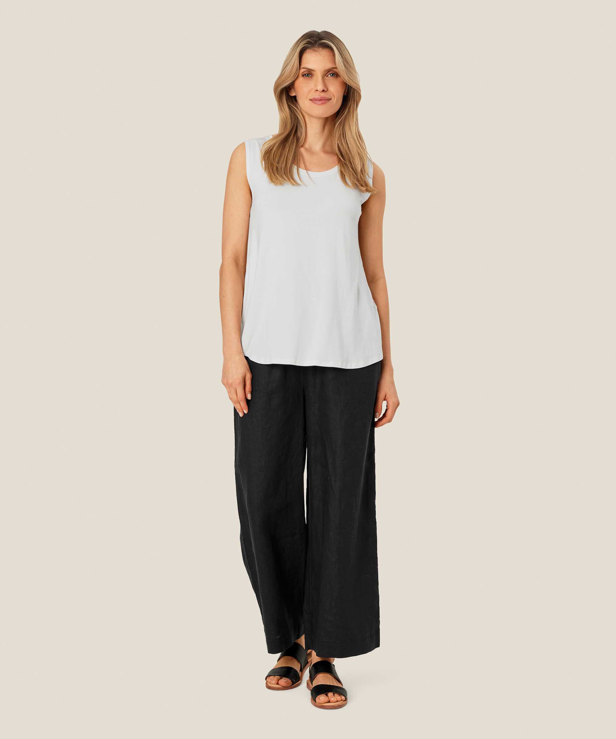 pantalon en lin à jambes larges et taille élastique, Black