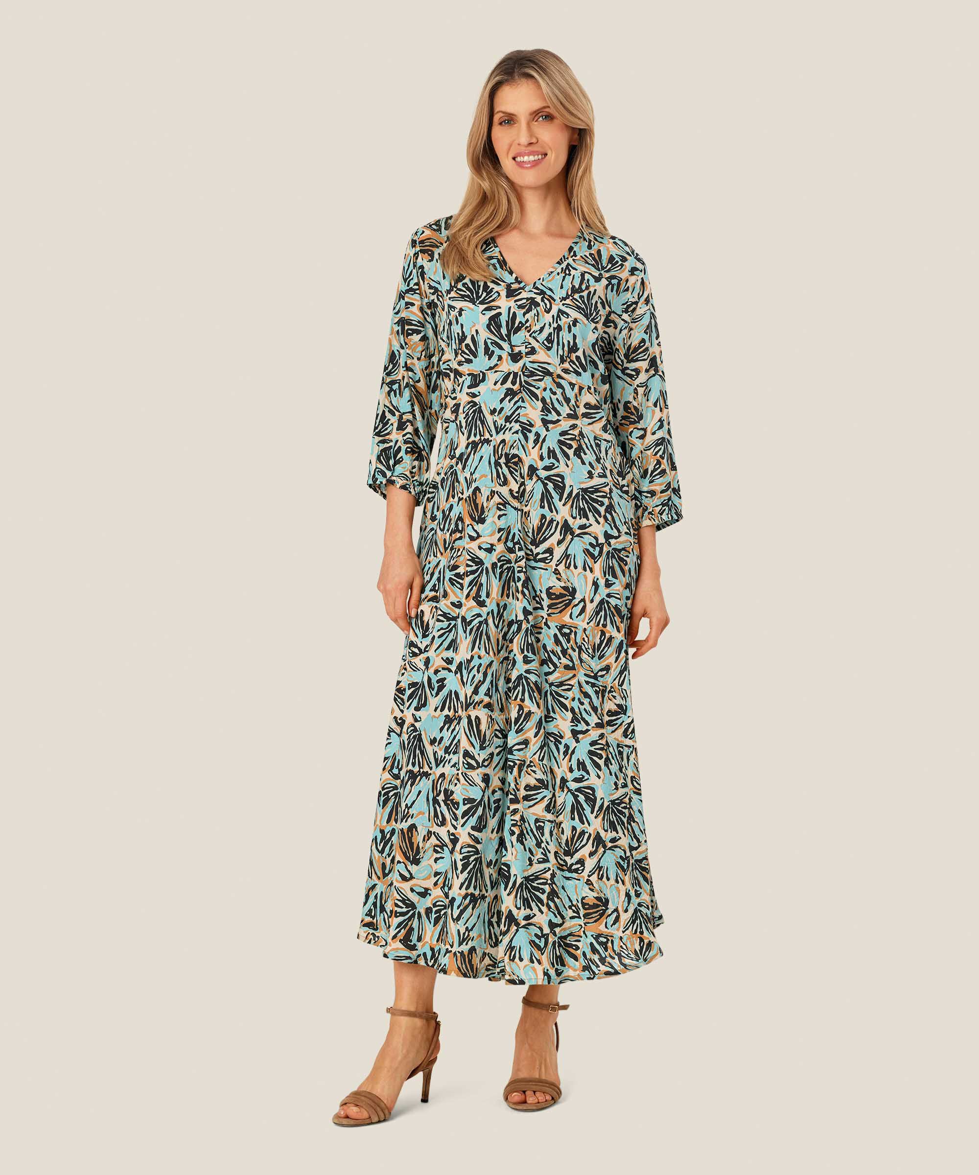 robe en viscose à manches 3/4 et col en V, Aqua