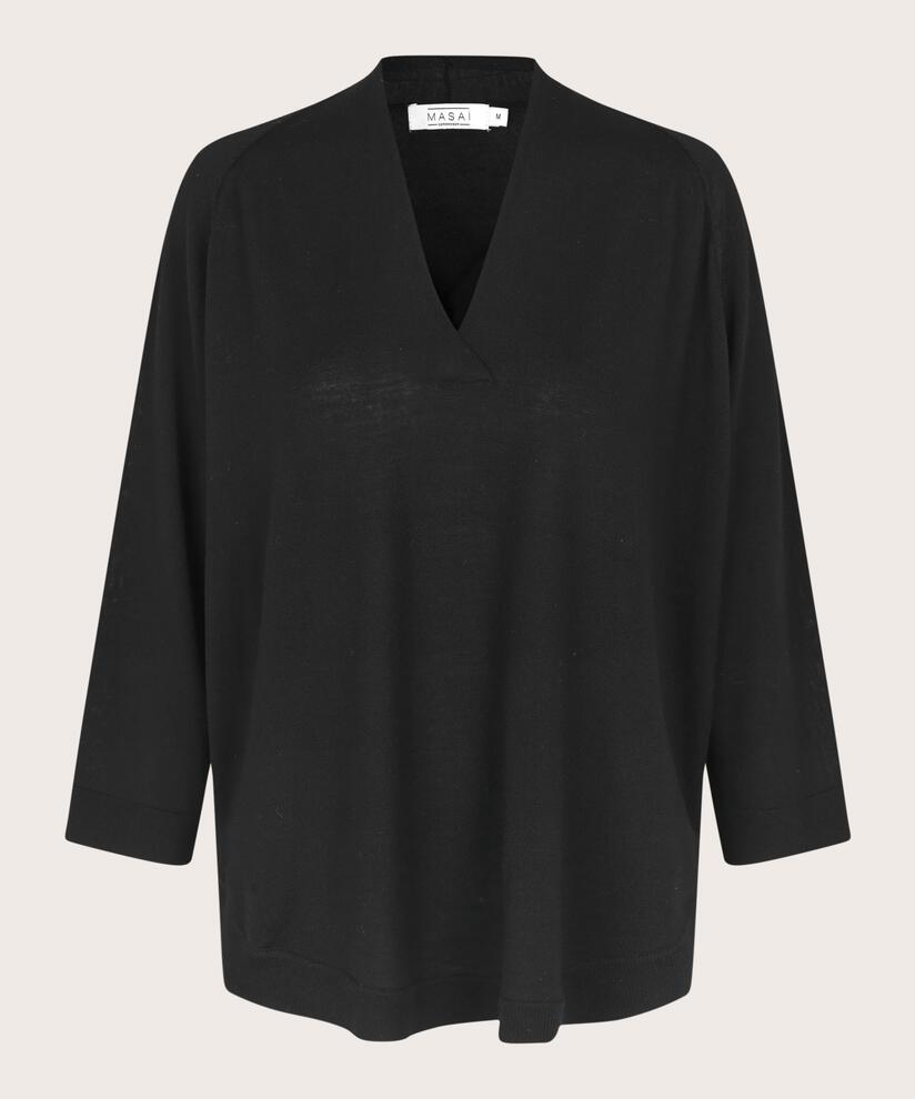 pull tricoté en laine avec col en v, Black