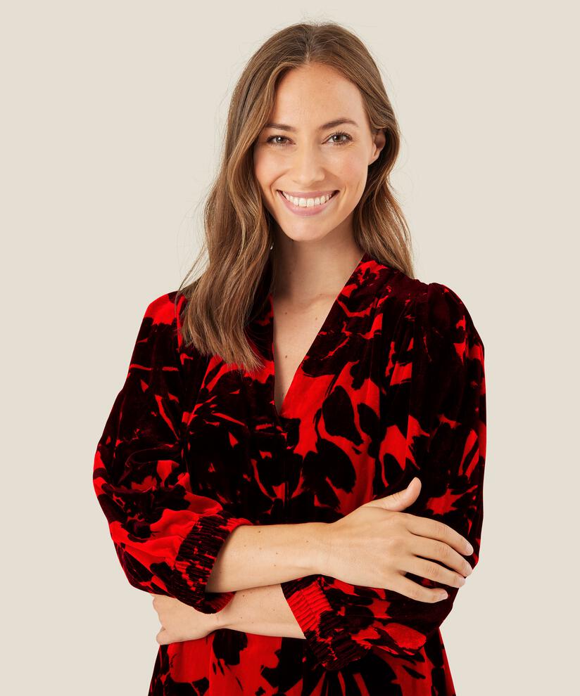 robe en velours fleuri avec col en V, Scarlet Sage