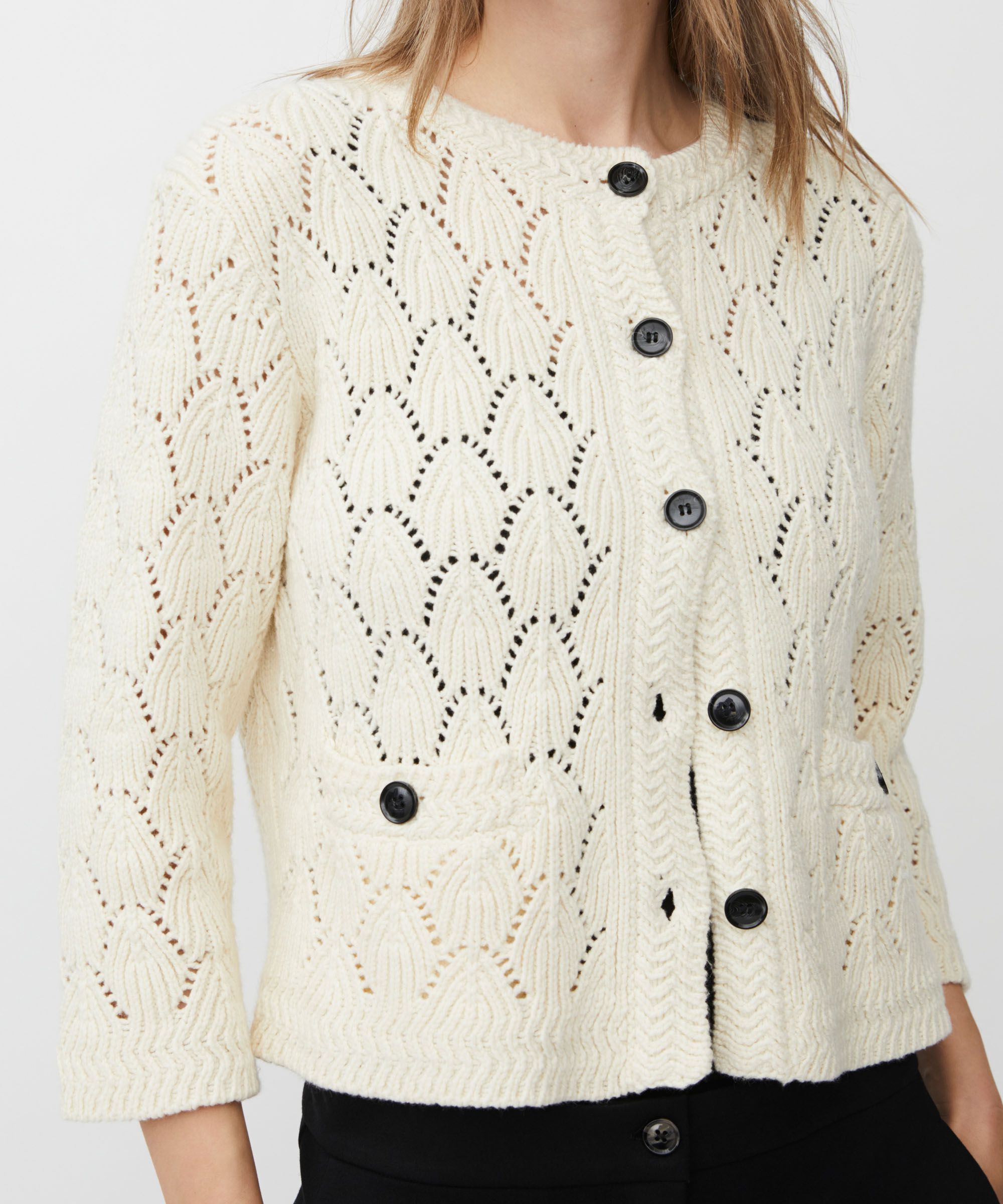 cardigan en coton mélangé avec motif en dentelle, Whitecap
