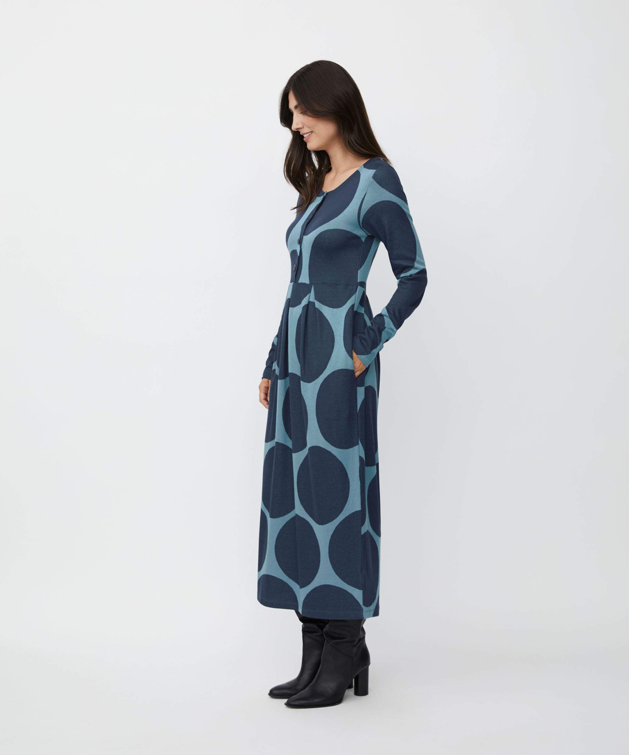 Robe Tulipe En Jersey Col Rond Avec Boutons, Proven Blue