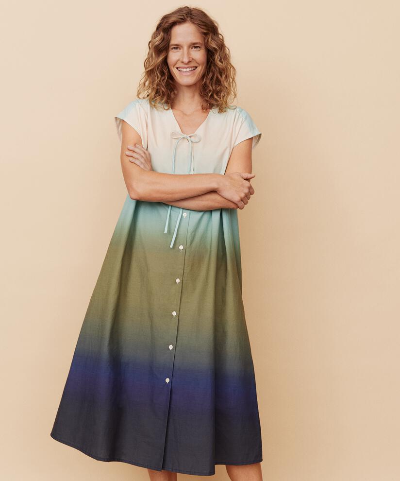 robe boutonnée en coton avec lien au cou, P. Turquoise