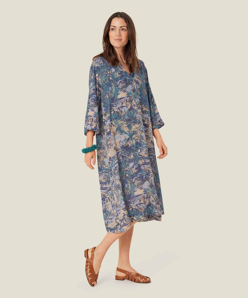 robe en viscose avec col en V et manches trois-quarts, Teal