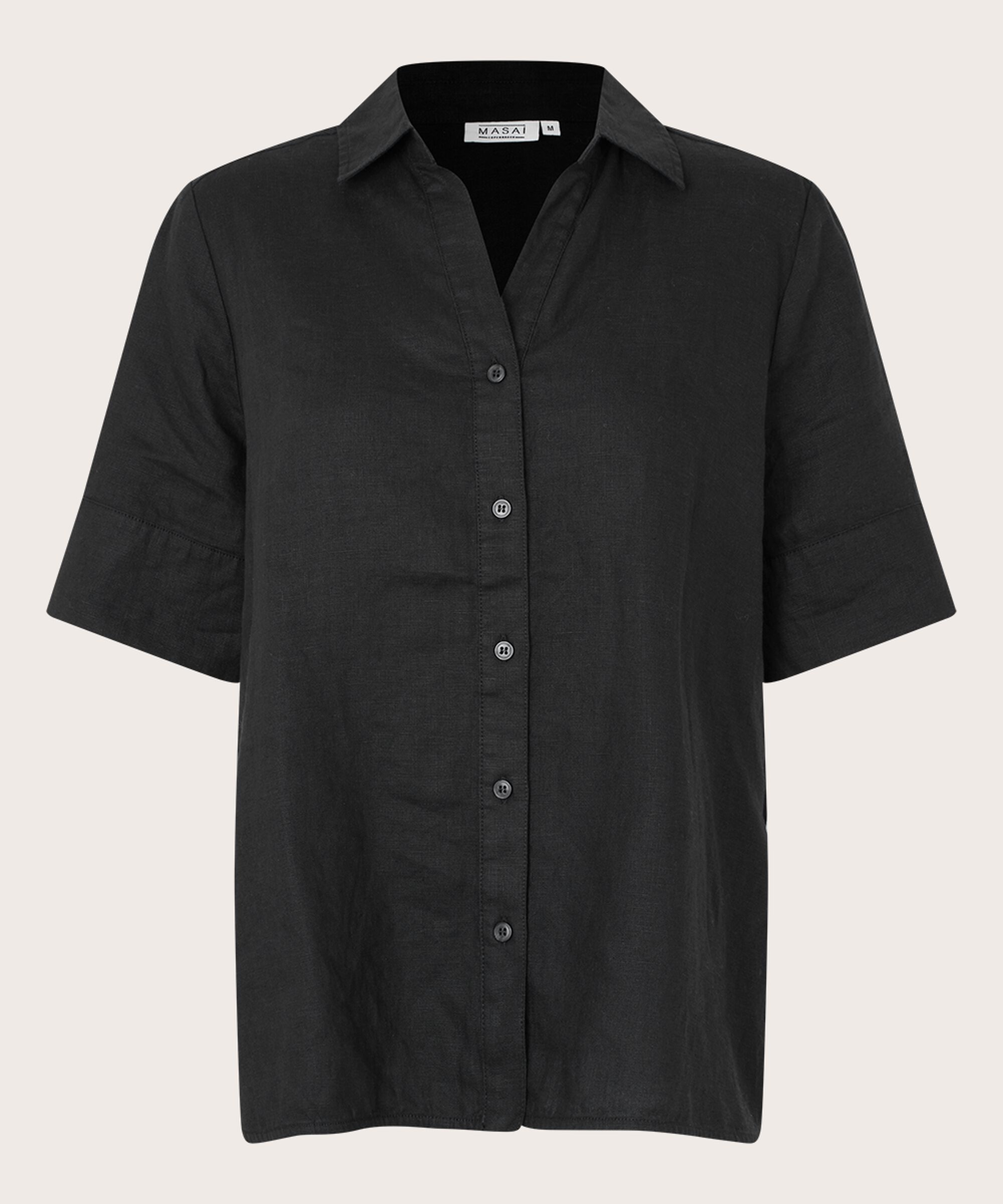 chemise en lin à manches courtes et col en V, Black
