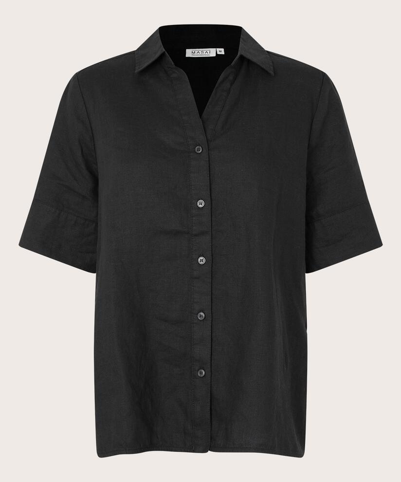chemise en lin à manches courtes et col en V, Black