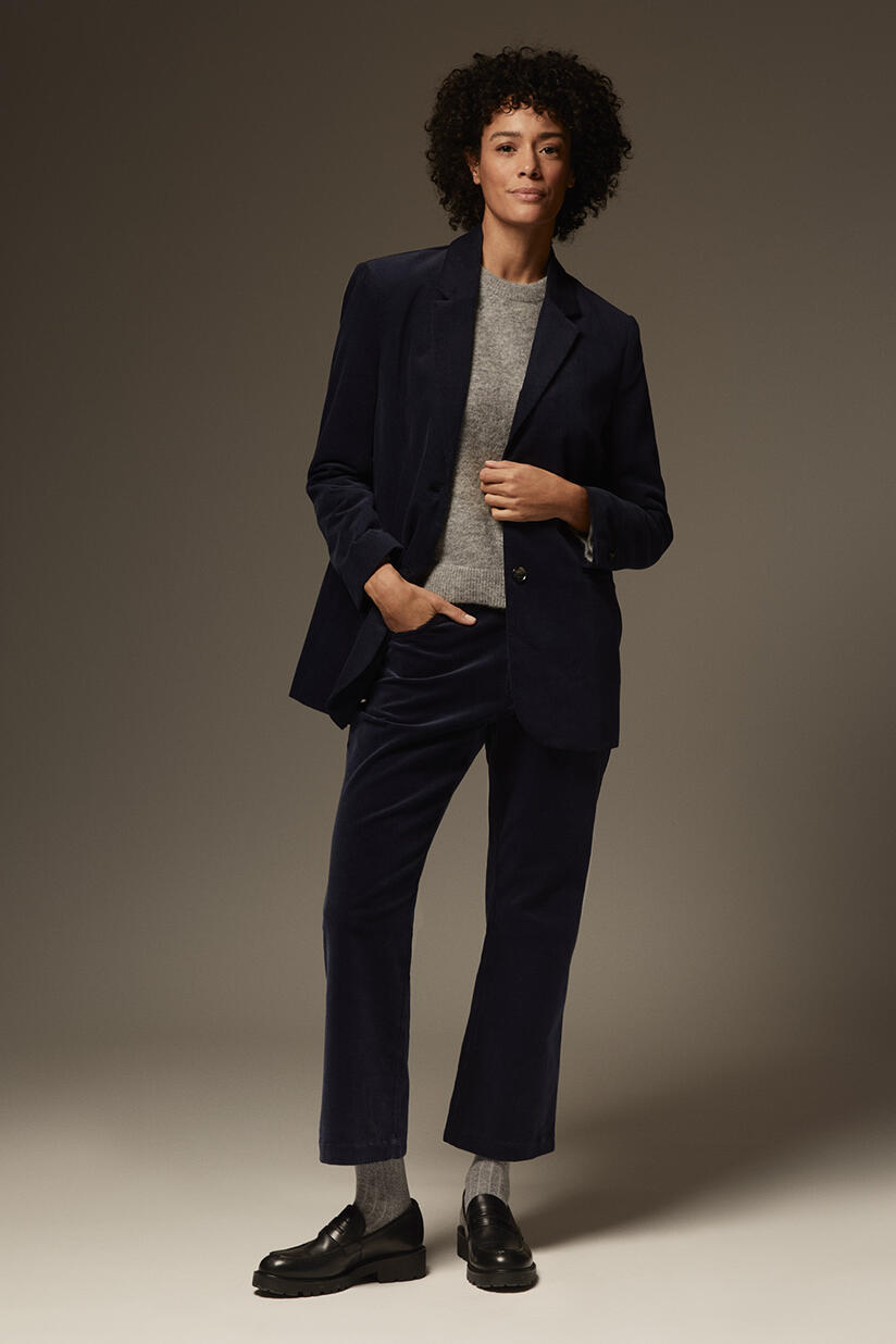 blazer classique en velours - Navy Blazer, pantalon court en velours côtelé avec ceinture fixe - Navy Blazer