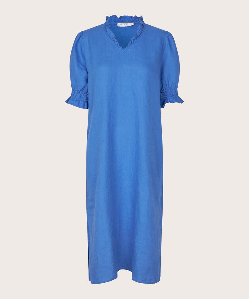robe en lin à manches courtes et décolleté à volants, Nebulas Blue