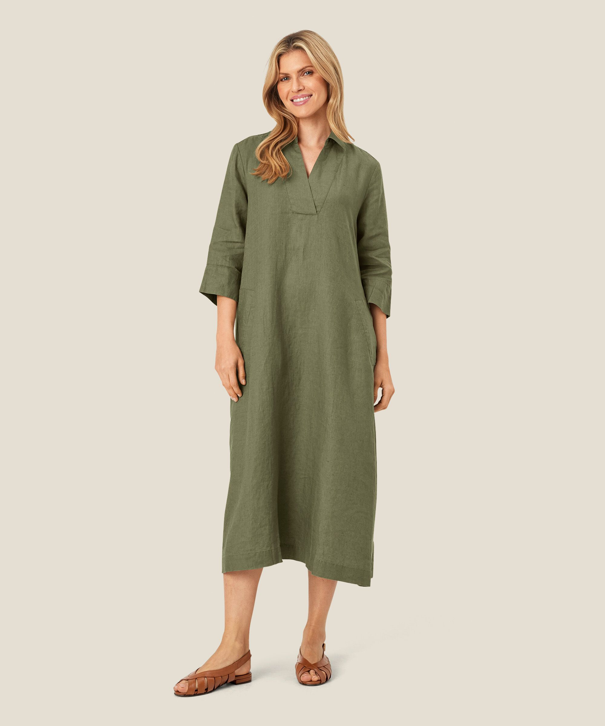 robe en lin avec col en V et poches, D. Lichen Green