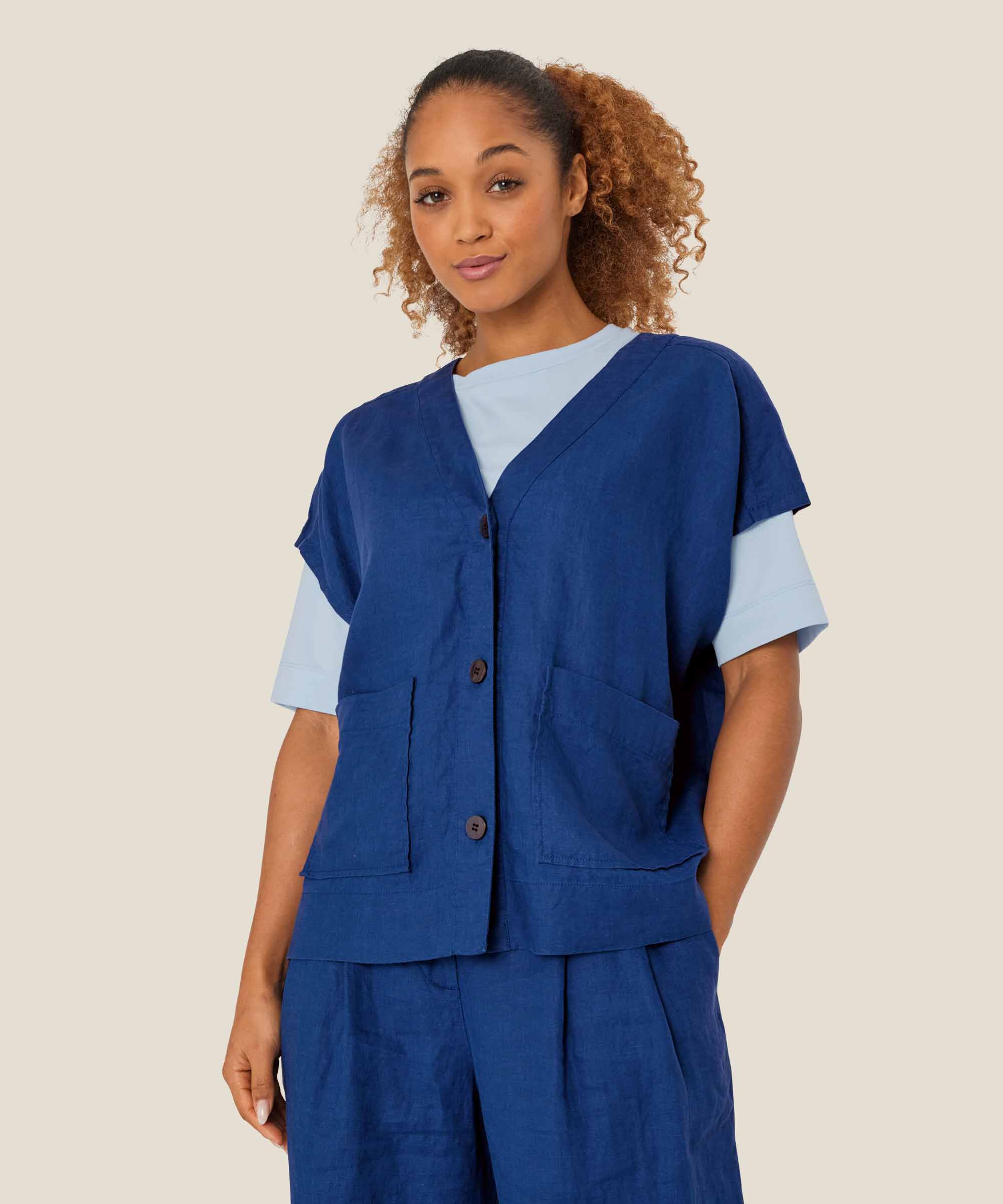 chemise en lin avec poches, Navy Peony