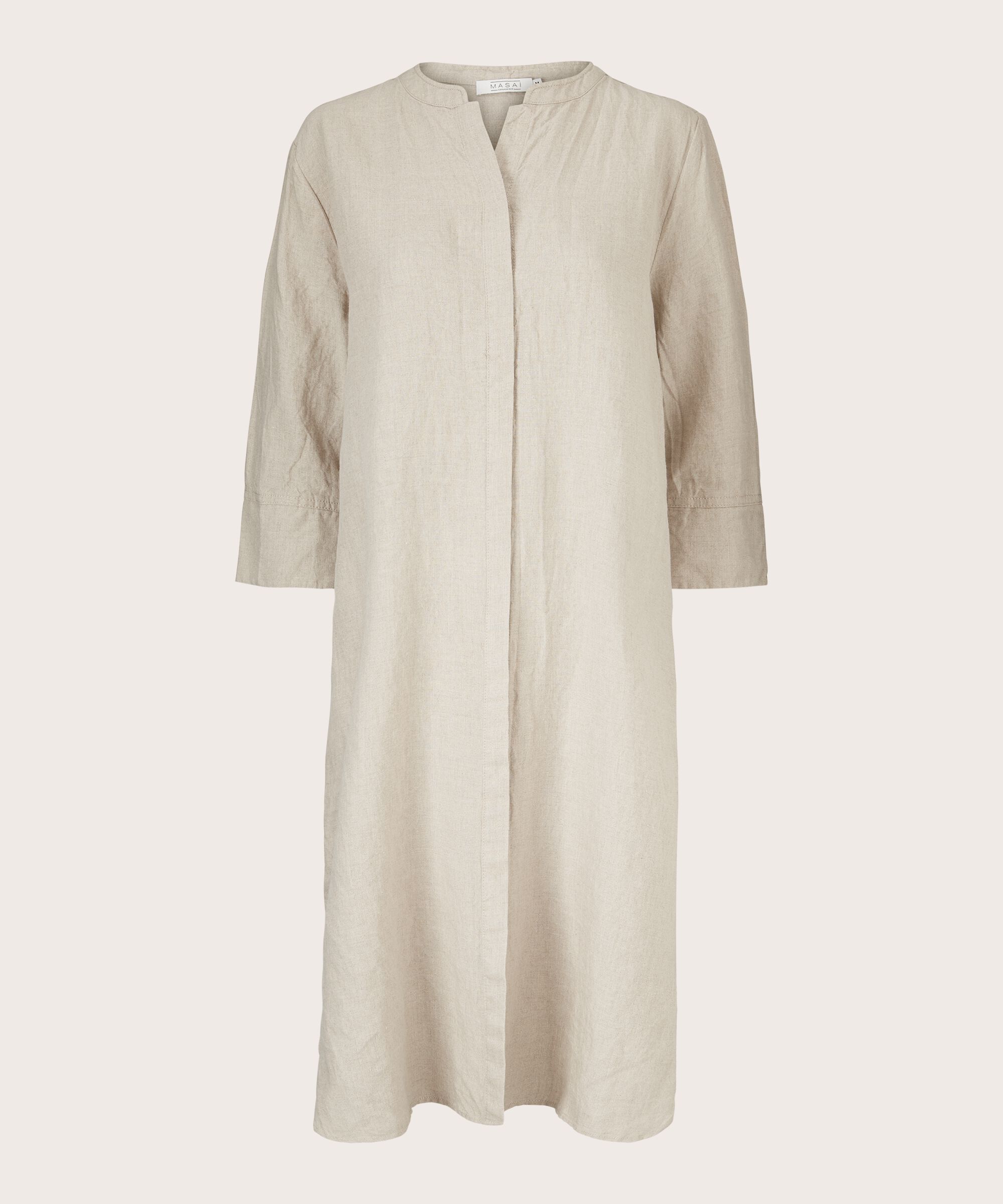 robe-chemise en lin avec manches trois-quarts, Natural