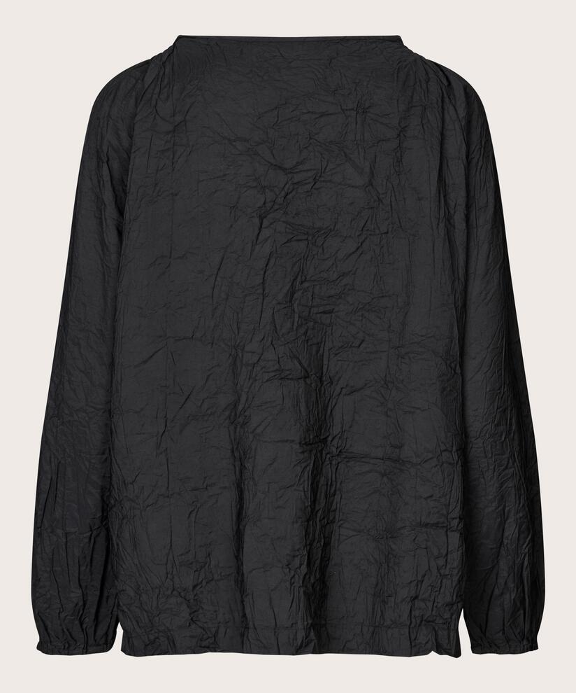 chemisier à col droit en viscose froissée, Black