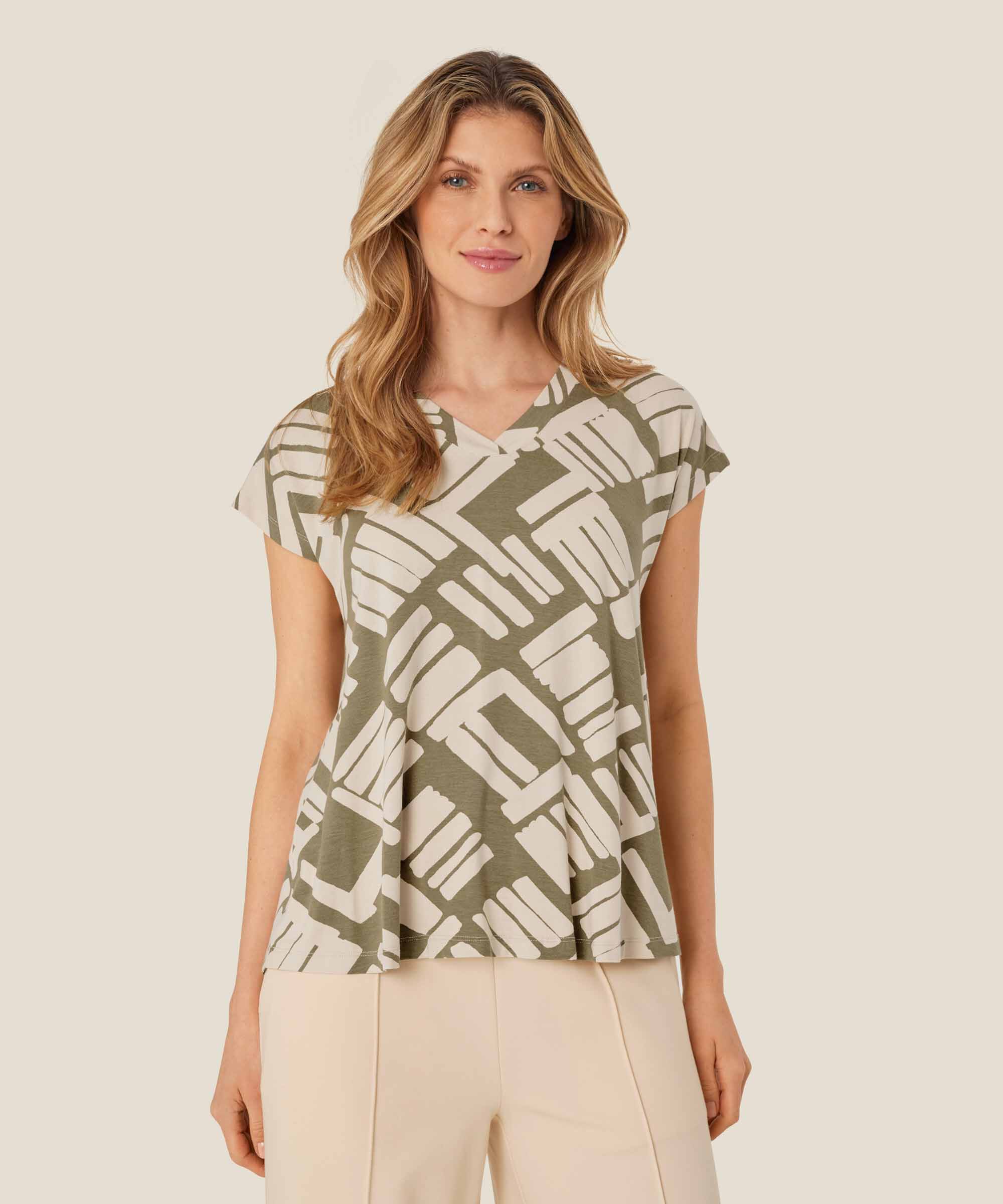 t-shirt imprimé à col en V, Dusky Green