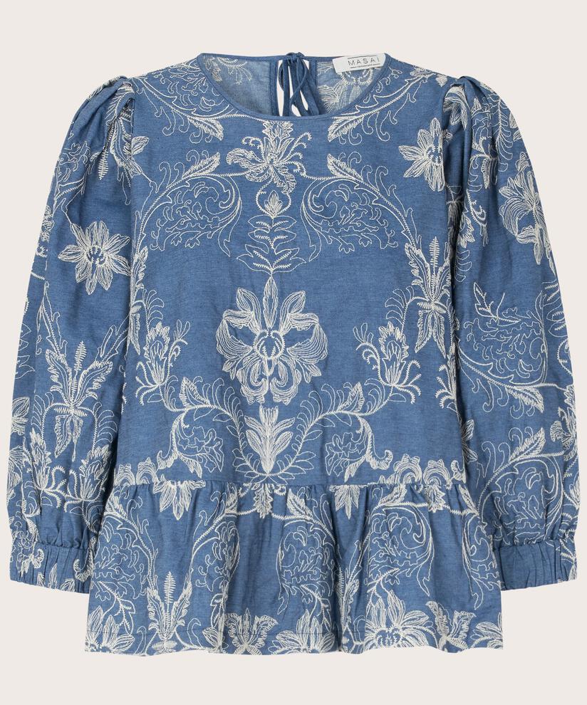 Blouse en jean avec broderie florale, Blue Denim