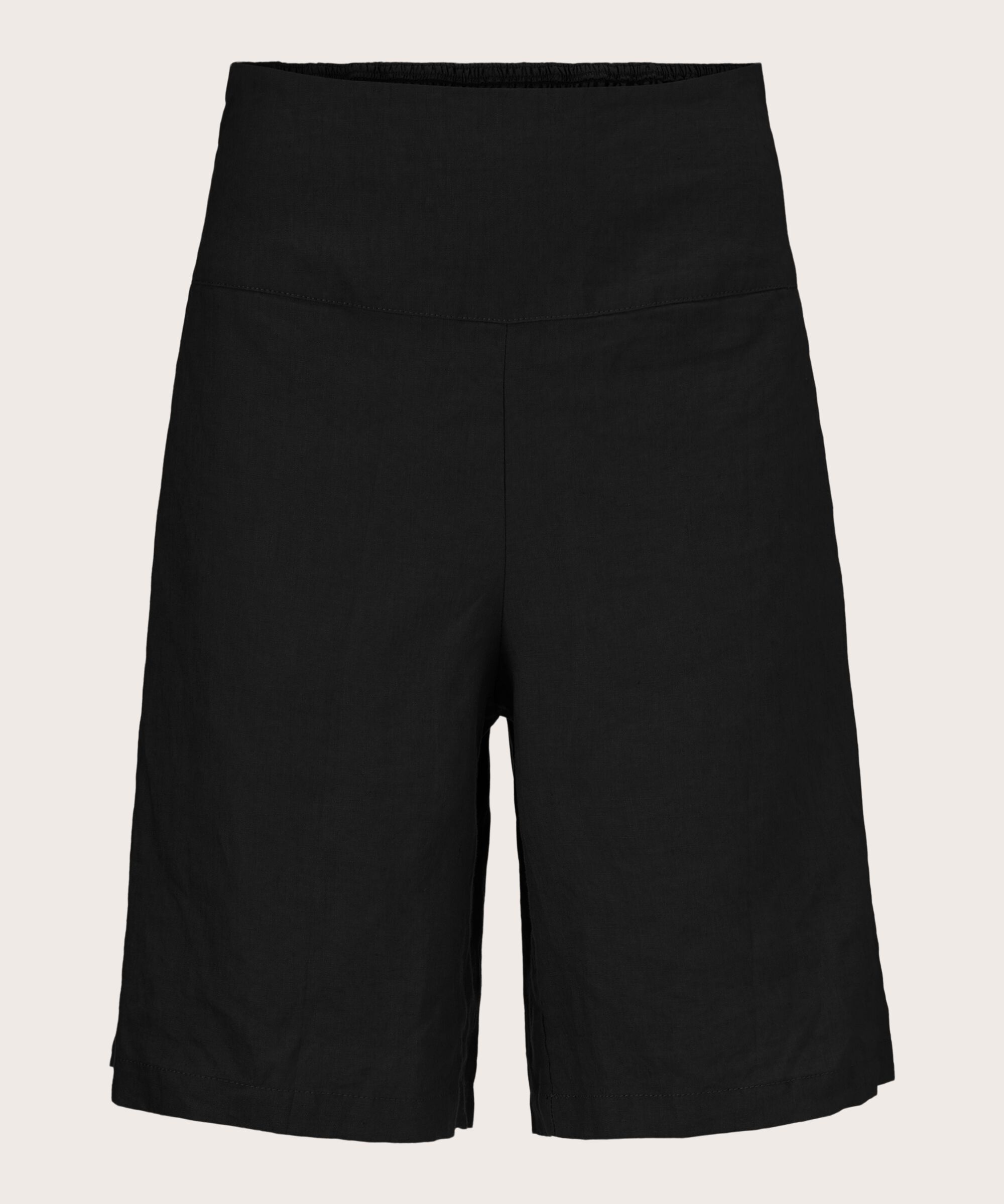 Short En Lin Avec Élastique Smocké Au Dos, Black