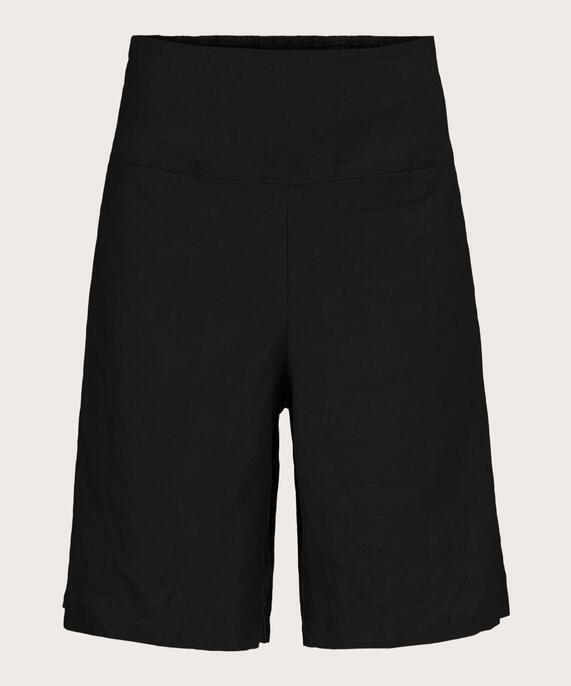 Short En Lin Avec Élastique Smocké Au Dos, Black