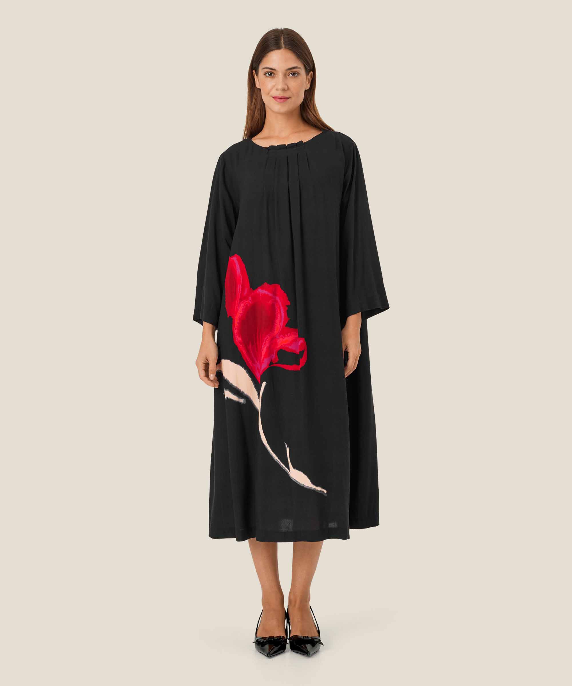 robe en viscose avec motif floral peint à la main, Haute Red