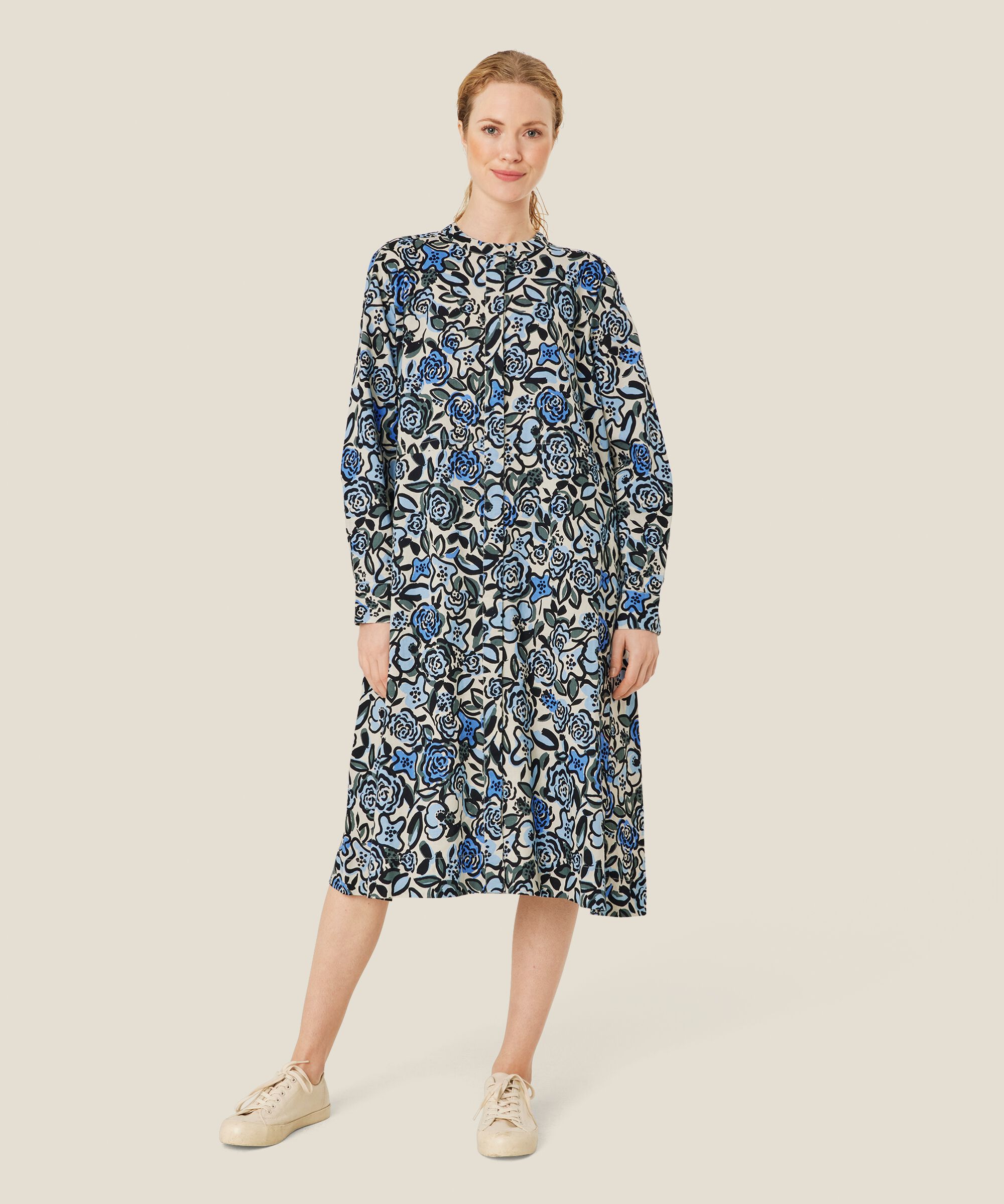 robe en coton fleuri avec patte de boutonnage cachée, Blue Bonnet