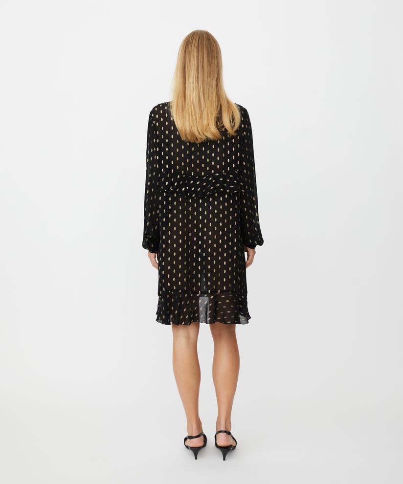 robe légèrement transparente à pois dorés et détails à volants, Black