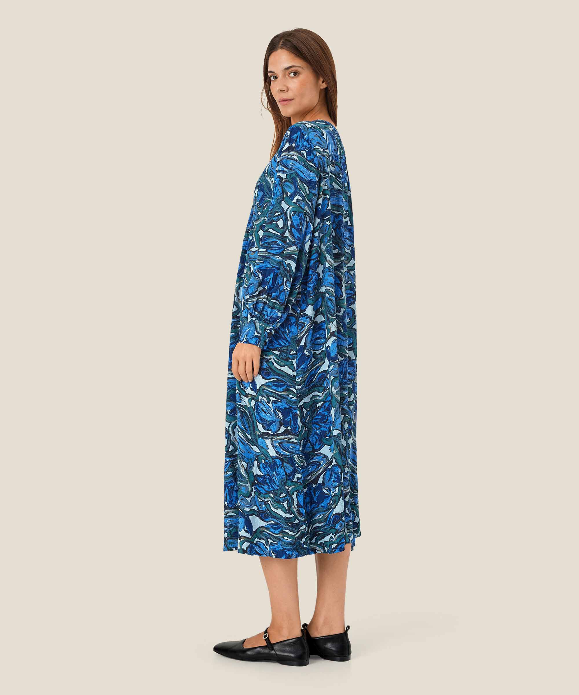 robe en viscose imprimée à manches longues, Blue Fog
