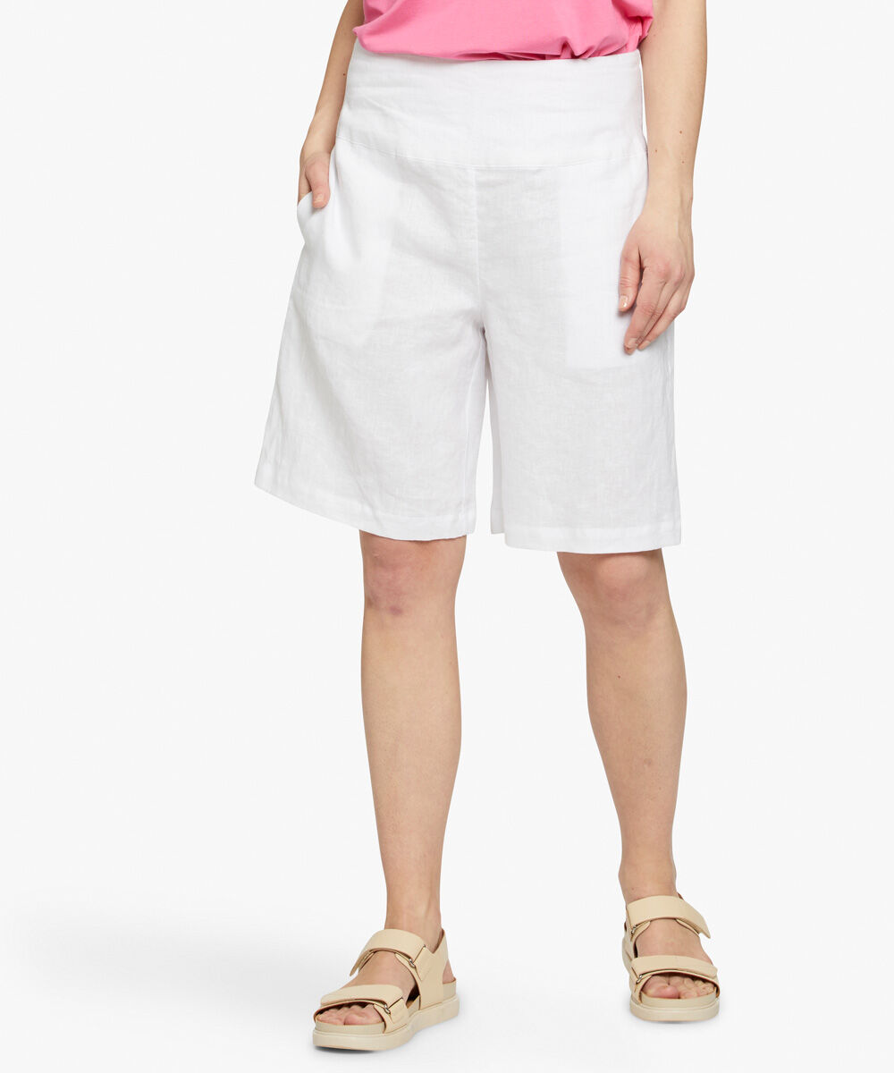 Short En Lin Avec &Eacute;lastique Smock&eacute; Au Dos, White
