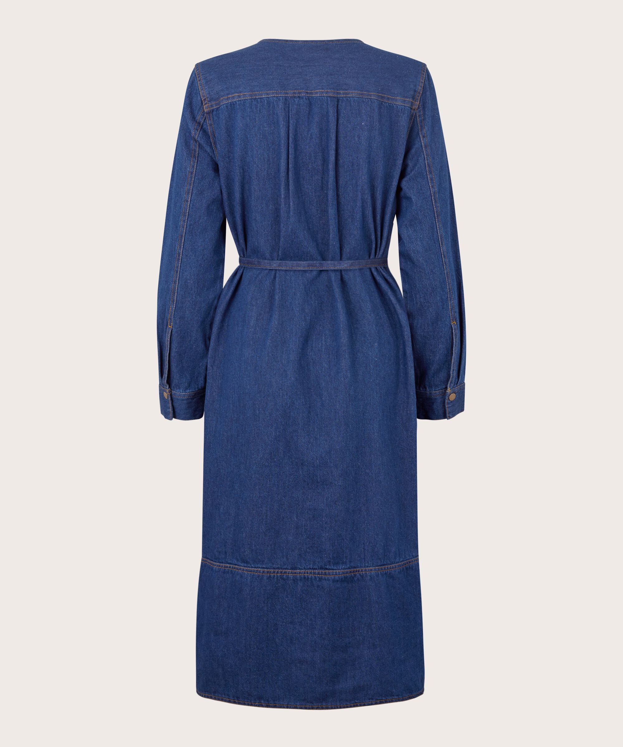 robe en jean avec col en V et ceinture, Dark Denim