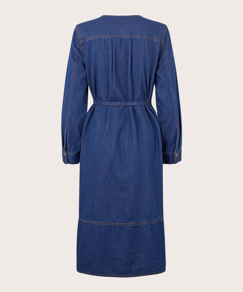 robe en jean avec col en V et ceinture, Dark Denim