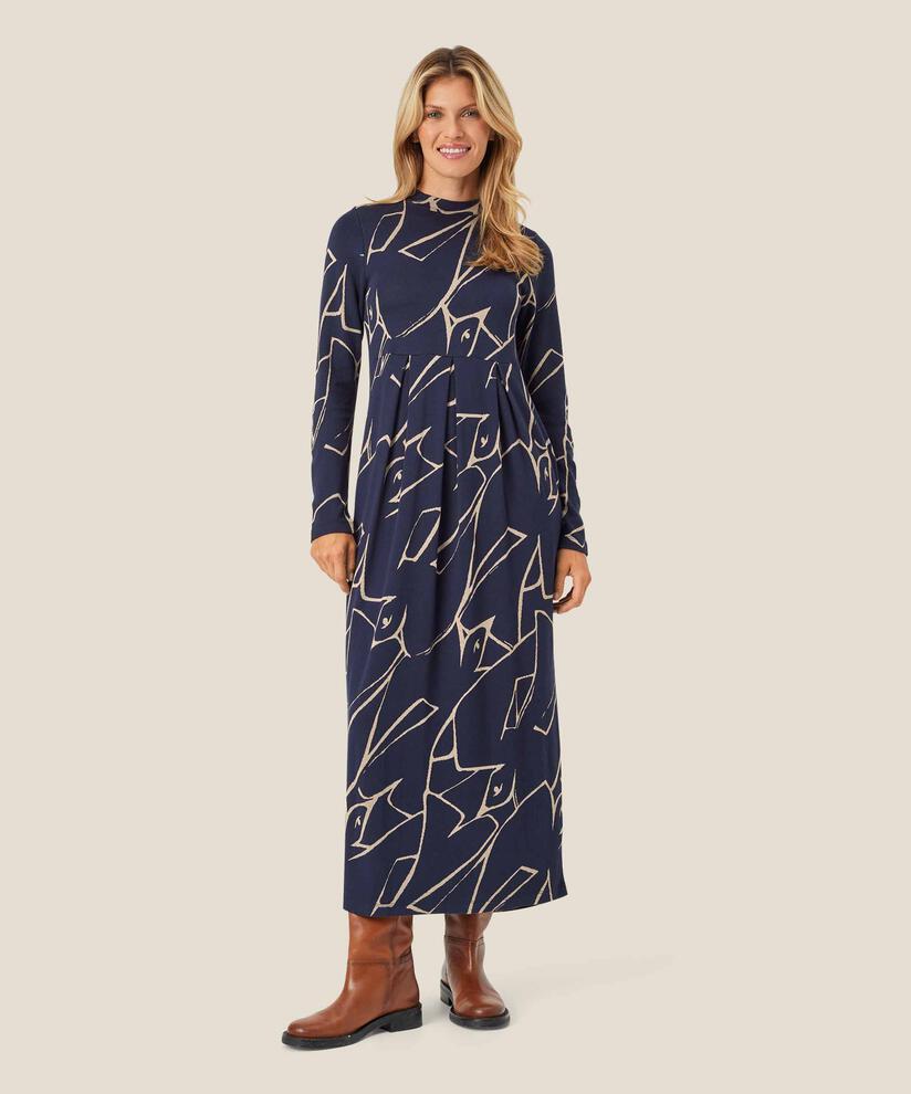 robe tulipe longue imprimée avec poches fendues, Navy Blazer