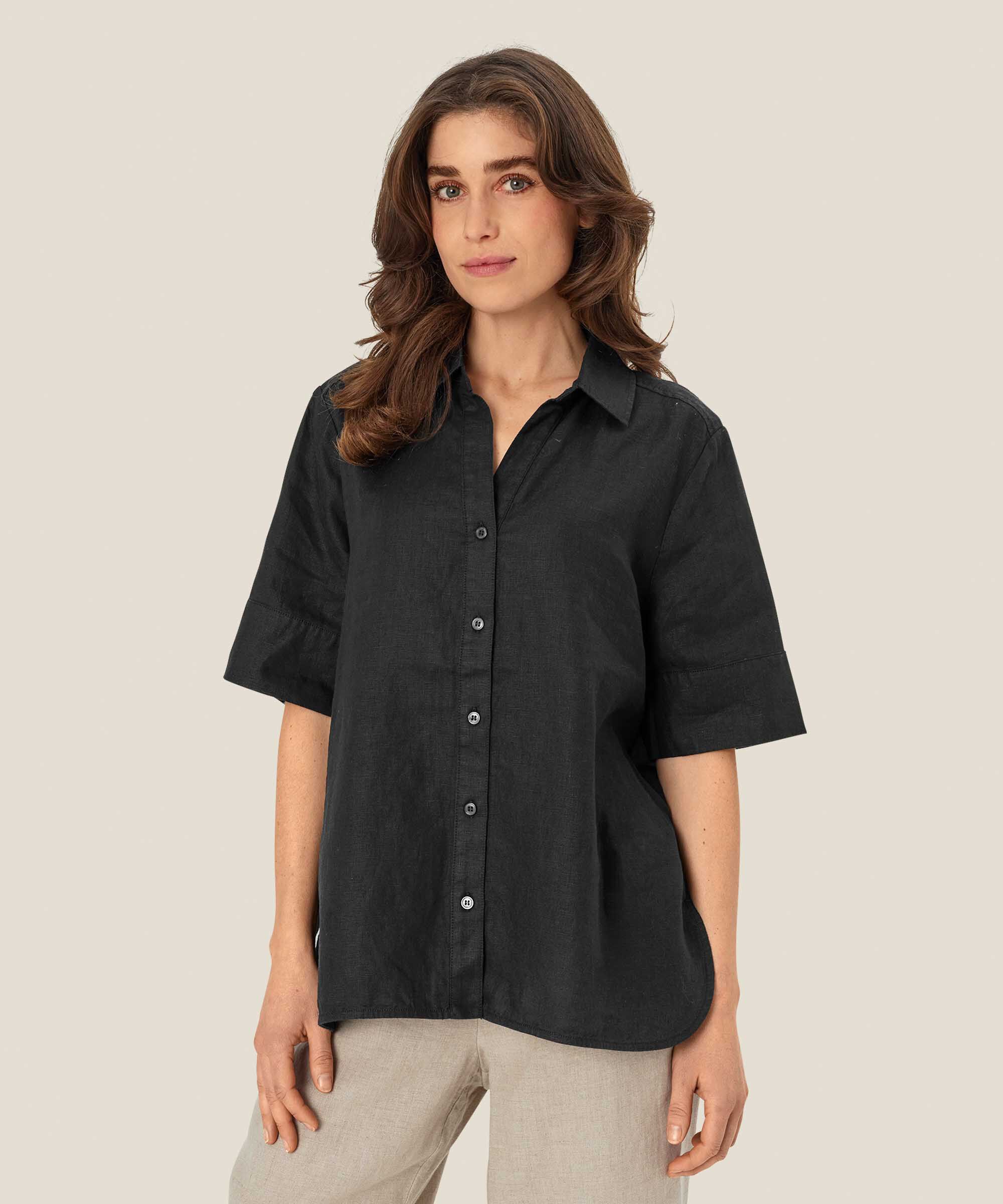 chemise en lin à manches courtes et col en V, Black